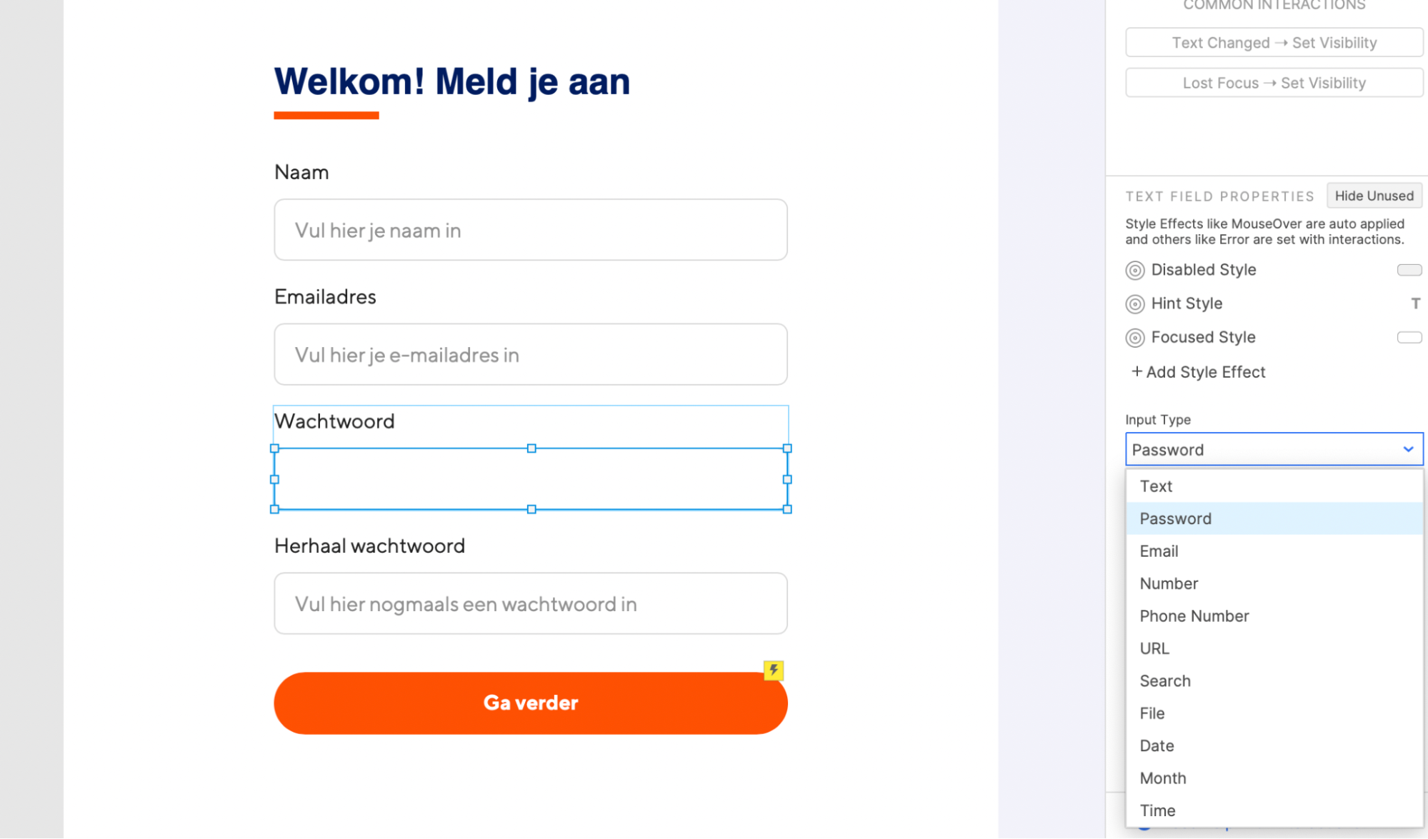 Een doel voor je tekstveld definiëren binnen Axure.