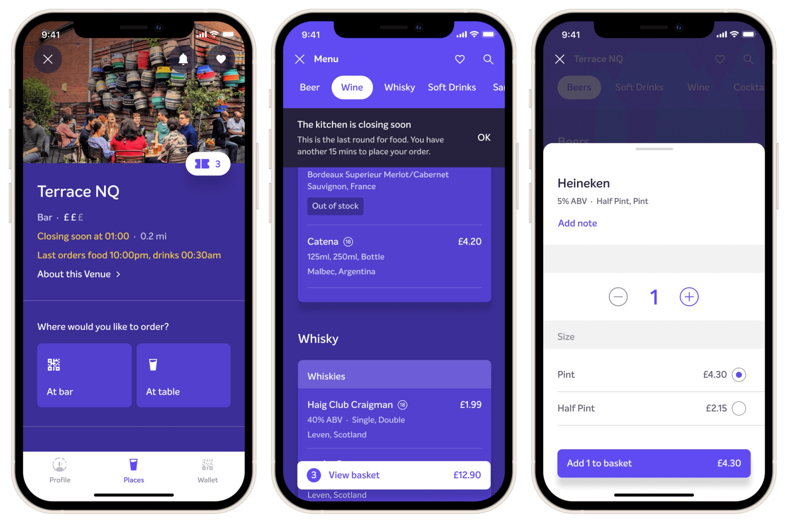 Screens of bar details and ordering