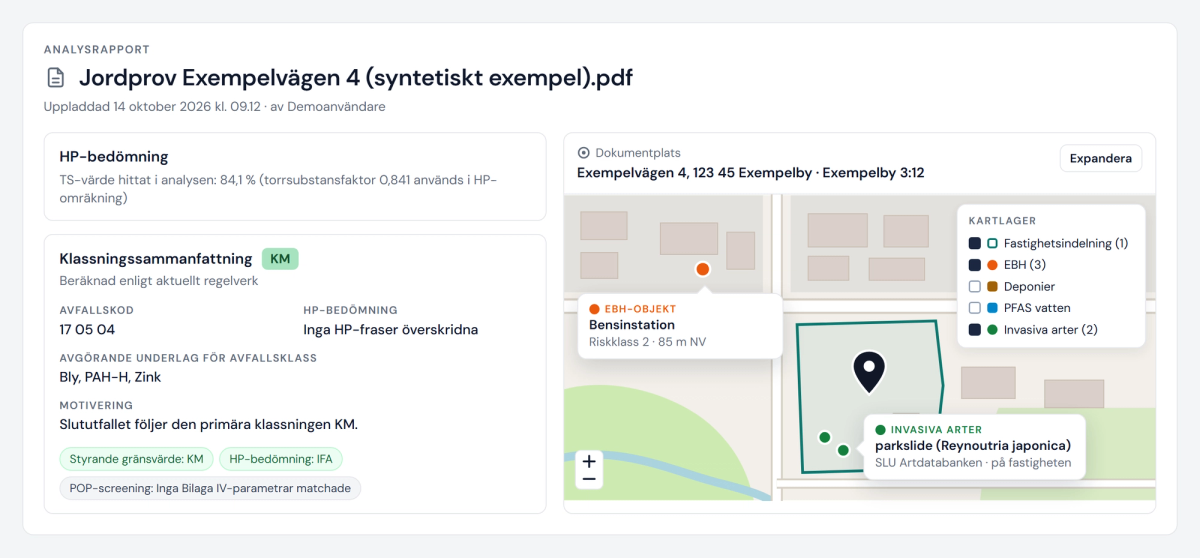 Syntetiskt exempel från Sonda med det kommande kartlagret för invasiva arter. Halterna klarar KM, men på fastigheten finns rapporterade fynd av parkslide, och 85 meter bort ligger en bensinstation som är registrerad som EBH-objekt.