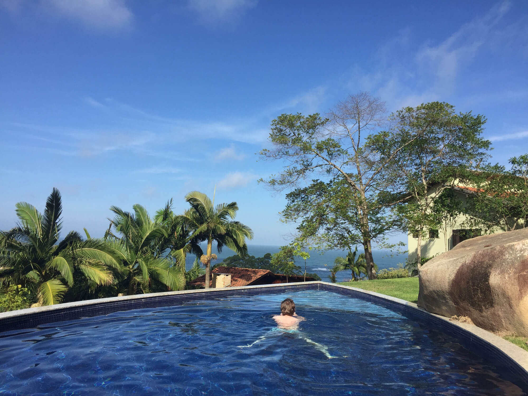Person schwimmt in einem Infinity-Pool mit Blick auf Palmen, Bäume und das Meer unter blauem Himmel.