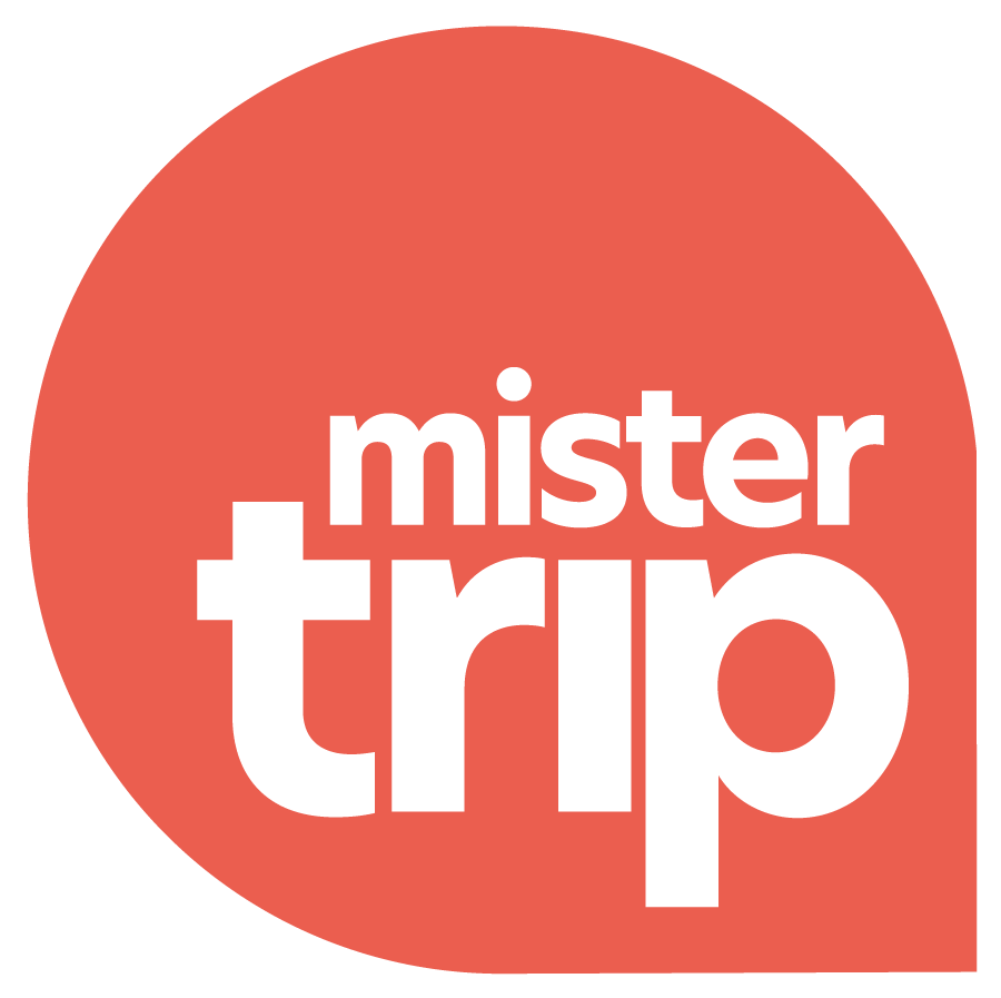 Mister Trip Schriftzug in weiß auf rotem tropfenförmigem Hintergrund