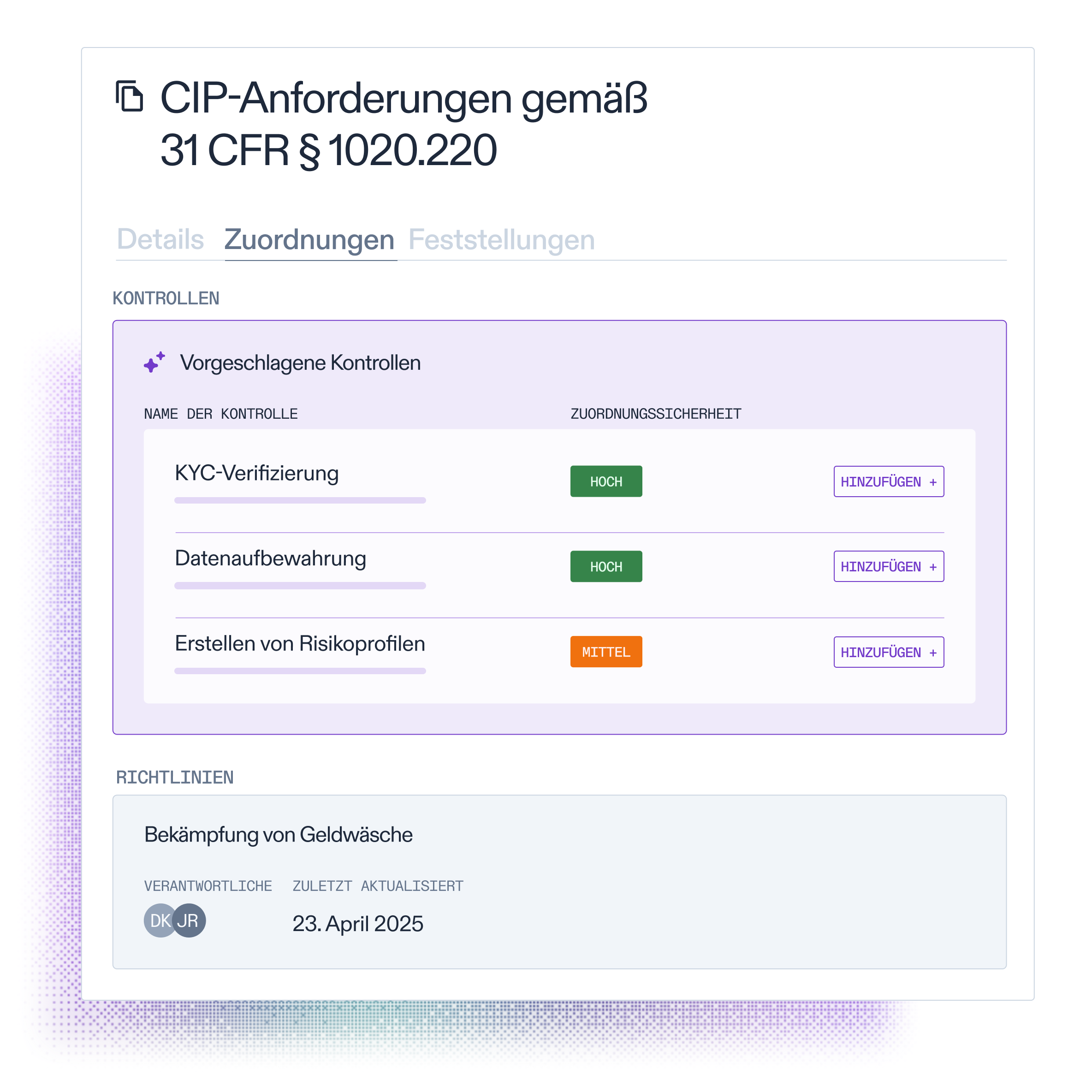 CIP-Anforderungen mit von Optro AI vorgeschlagenen Kontrollen und Richtlinien