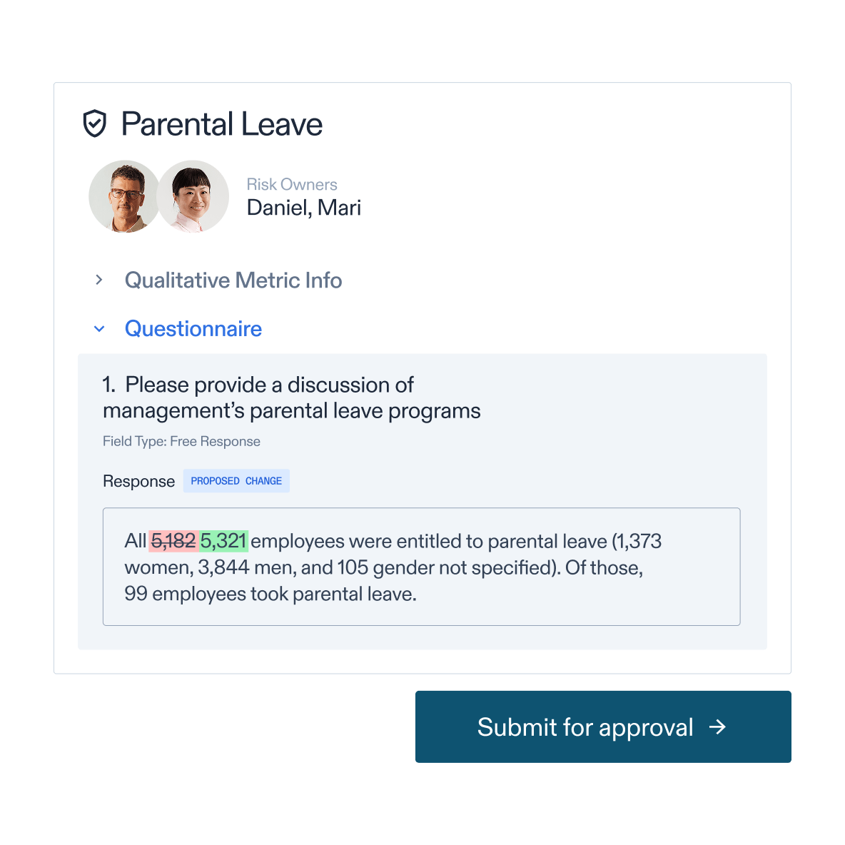 Parental leave questionnaire with proposed changes and submission for approval