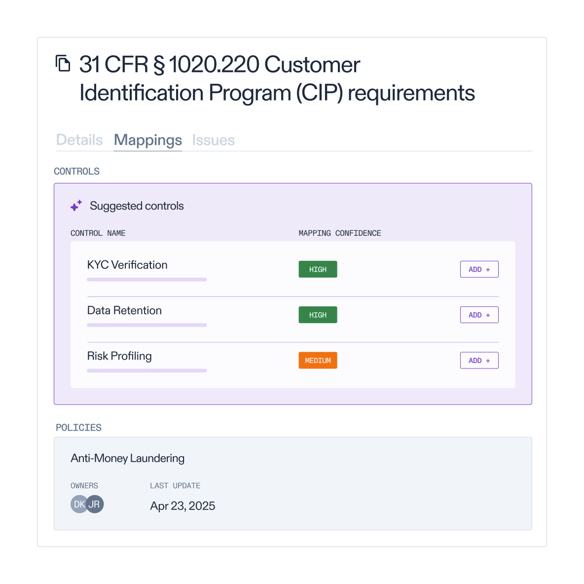 Customer identification program requirements with Optro AI suggested controls and policies