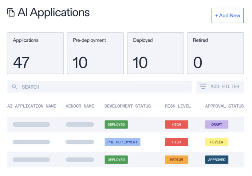 Optro AI Applications dashboard showing application inventory, deployment status, risk level, and approval status.