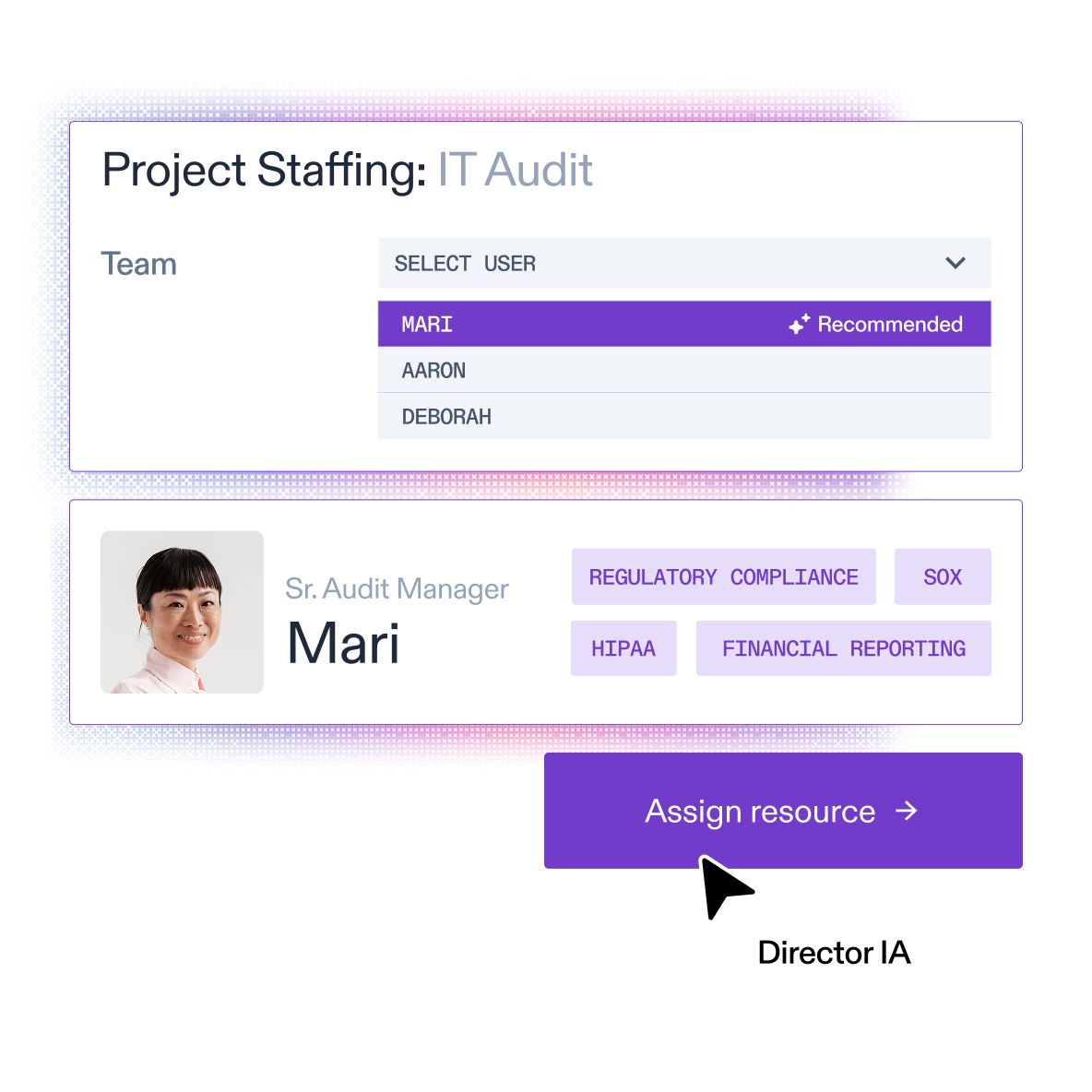 AuditBoard AI making recommendation for project staffing with ability to assign resourcing