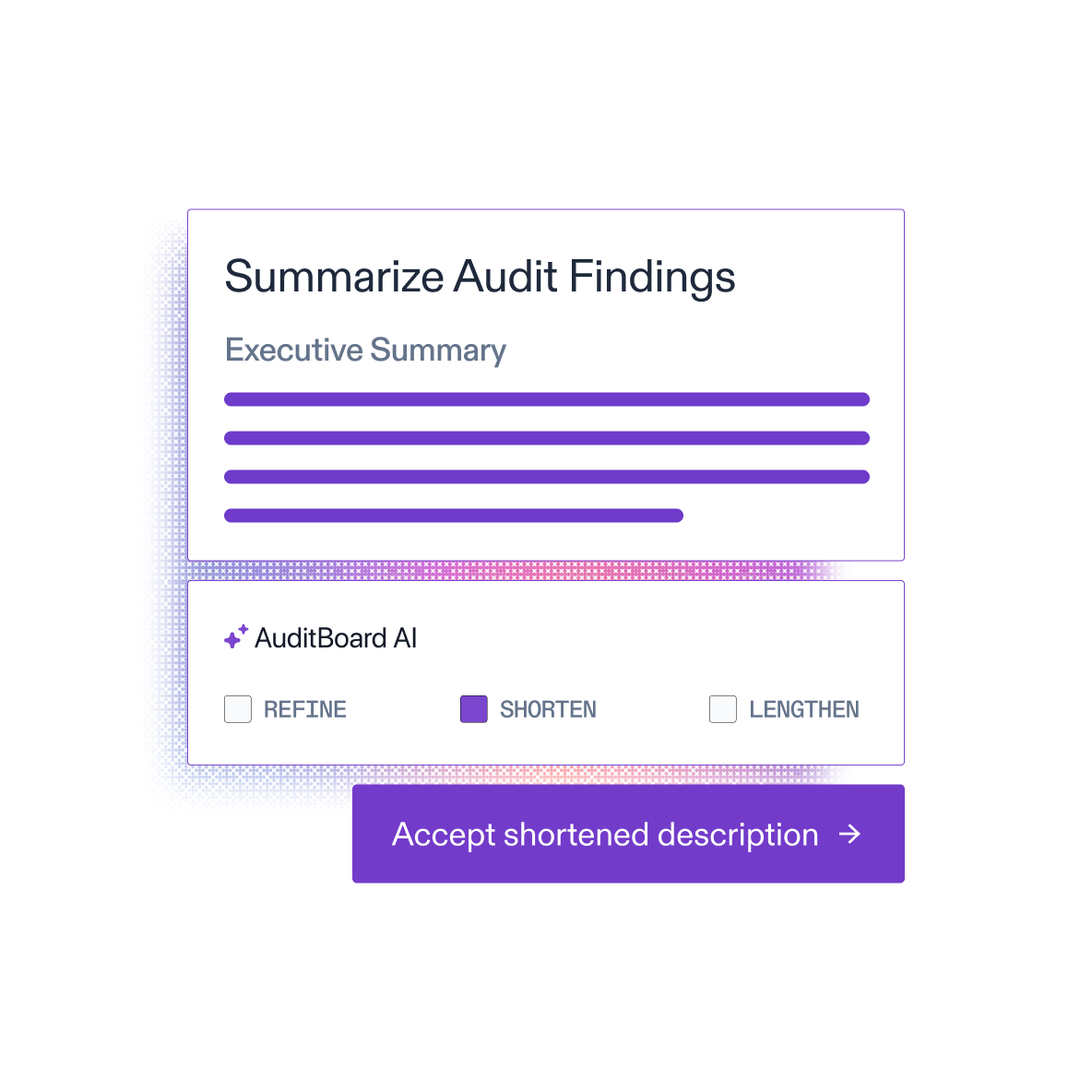 AuditBoard AI intelligently summarizing an executive summary with options to refine, shorten, or lengthen the summary