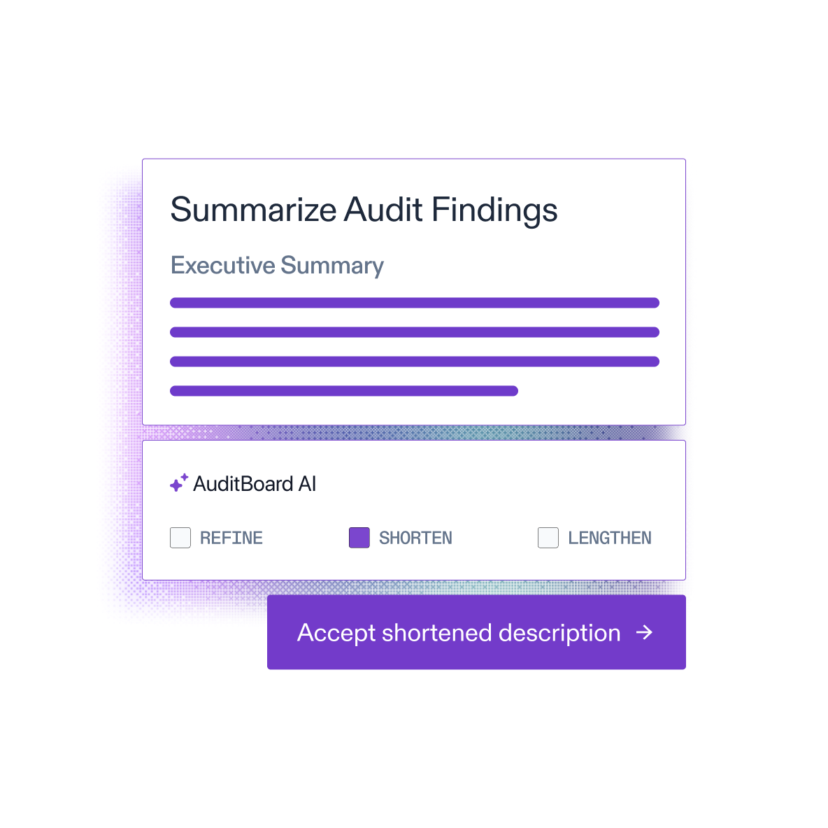 AuditBoard AI intelligently summarizing an executive summary with options to refine, shorten, or lengthen the summary