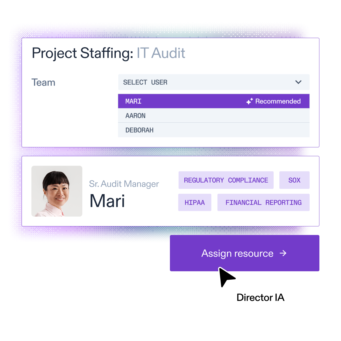 AuditBoard AI making recommendation for project staffing with ability to assign resourcing