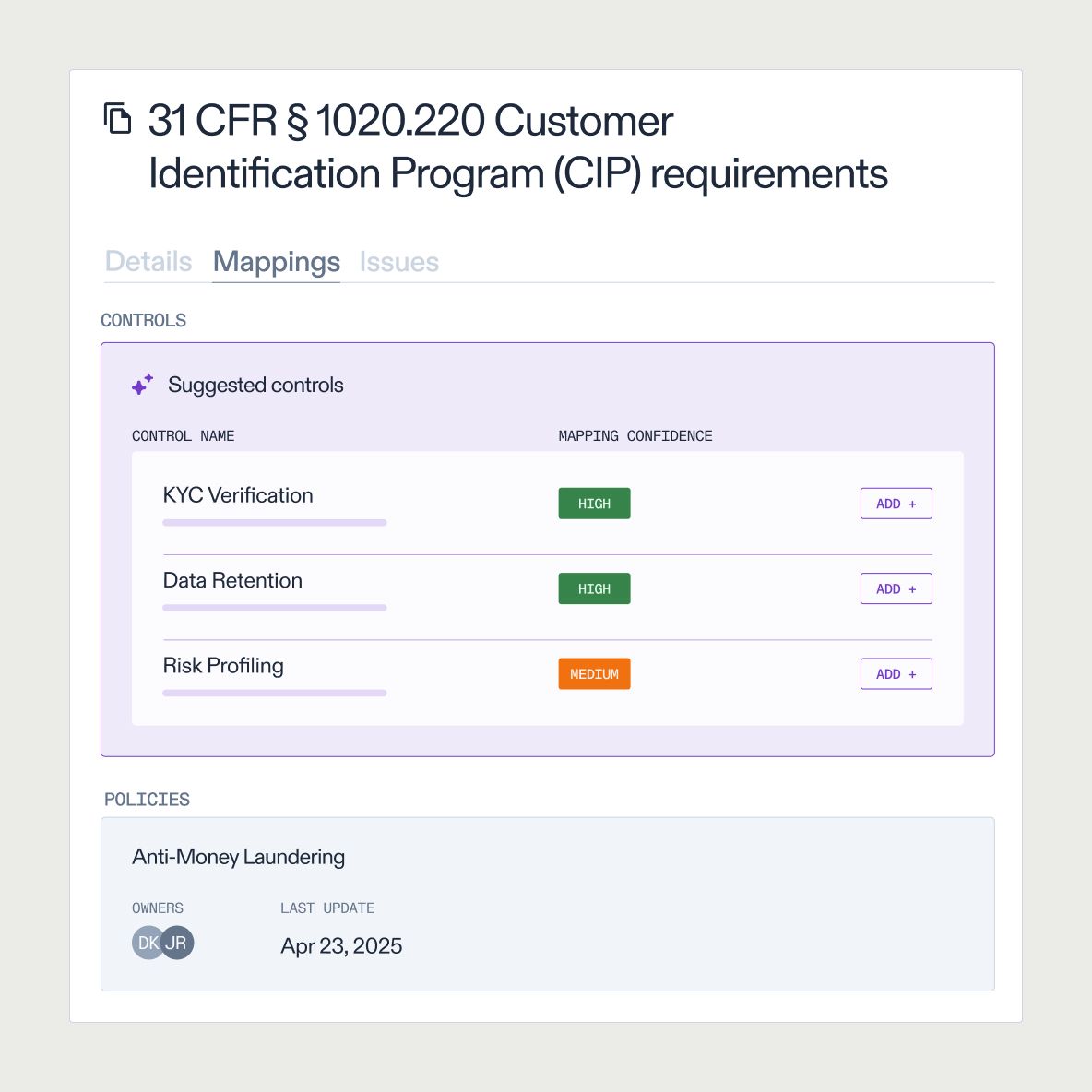 Regulatory compliance management in Optro with details, mappings, issues, and AI suggested controls