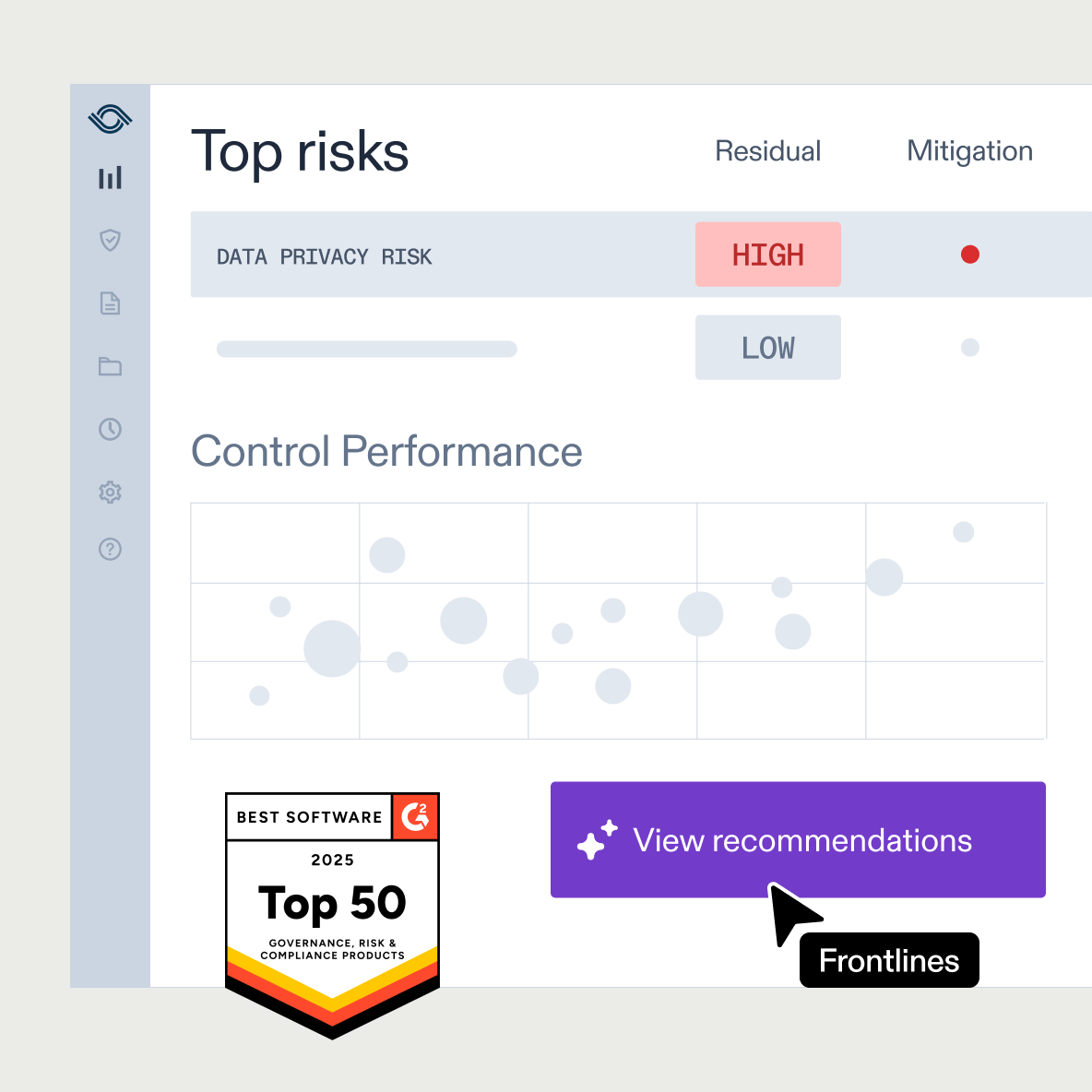 Optro dashboard displaying top risks and control performance with AI recommendations