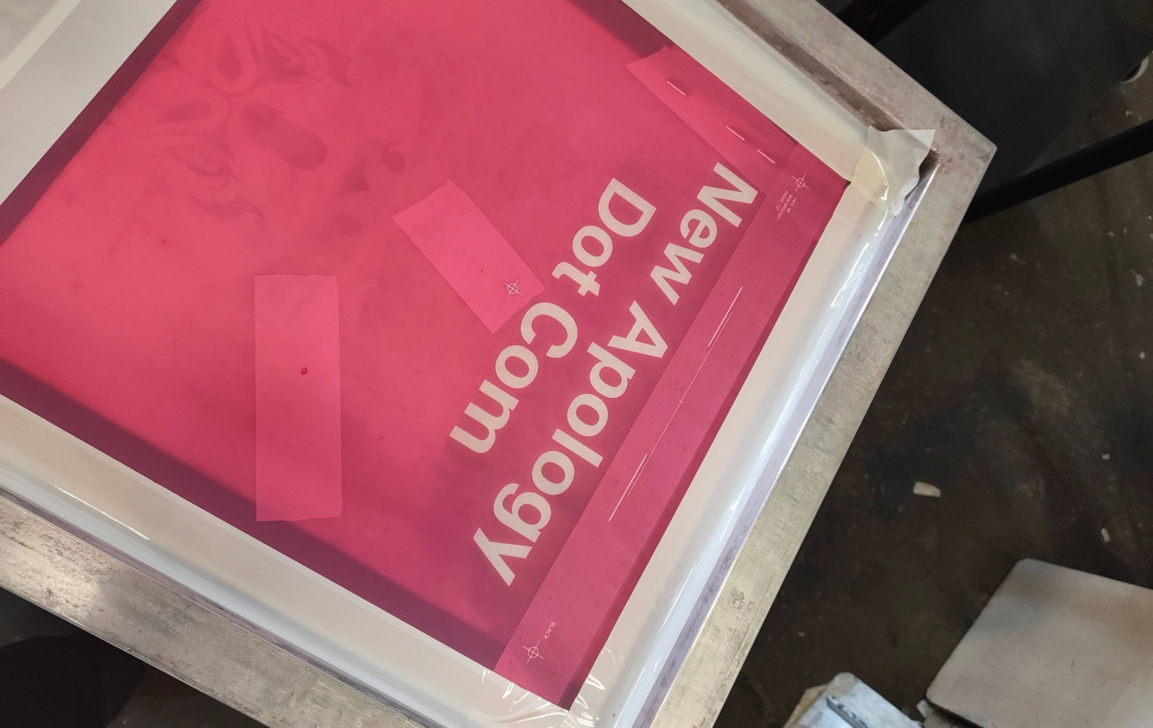 Printing our website announcement shirt at Greg's shop