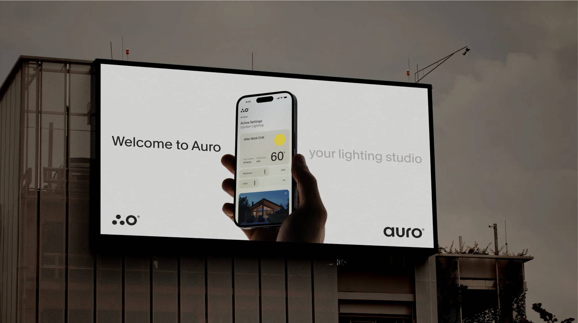 Outdoor billboard advertisement for Auro, a lighting control app.