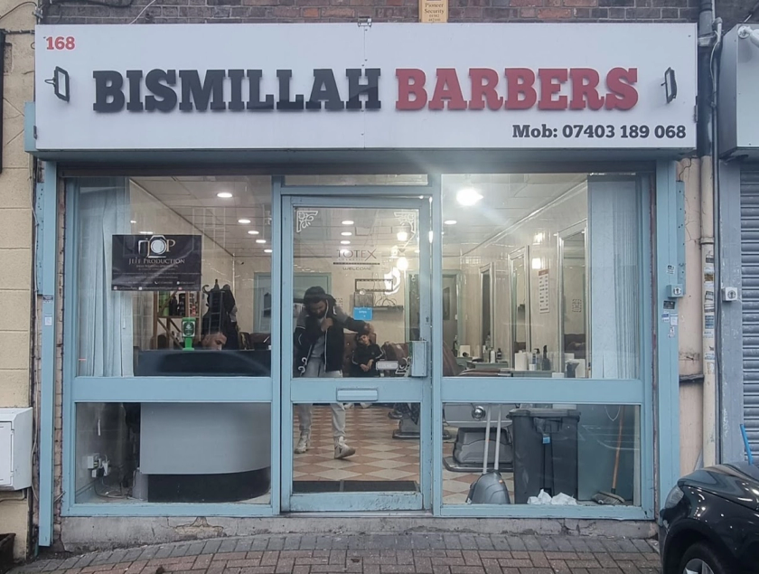 The Bismillah Barbers shopfront at 168 Leagrave Road, Luton