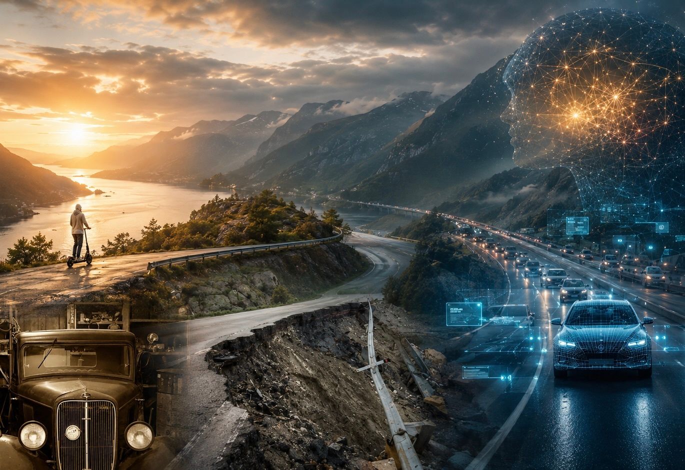 Montasje som viser veihistorie og fremtidens mobilitet: en veteranlastebil, en person på elsparkesykkel, en rasutsatt vei og digitalt oppkoblet biltrafikk.