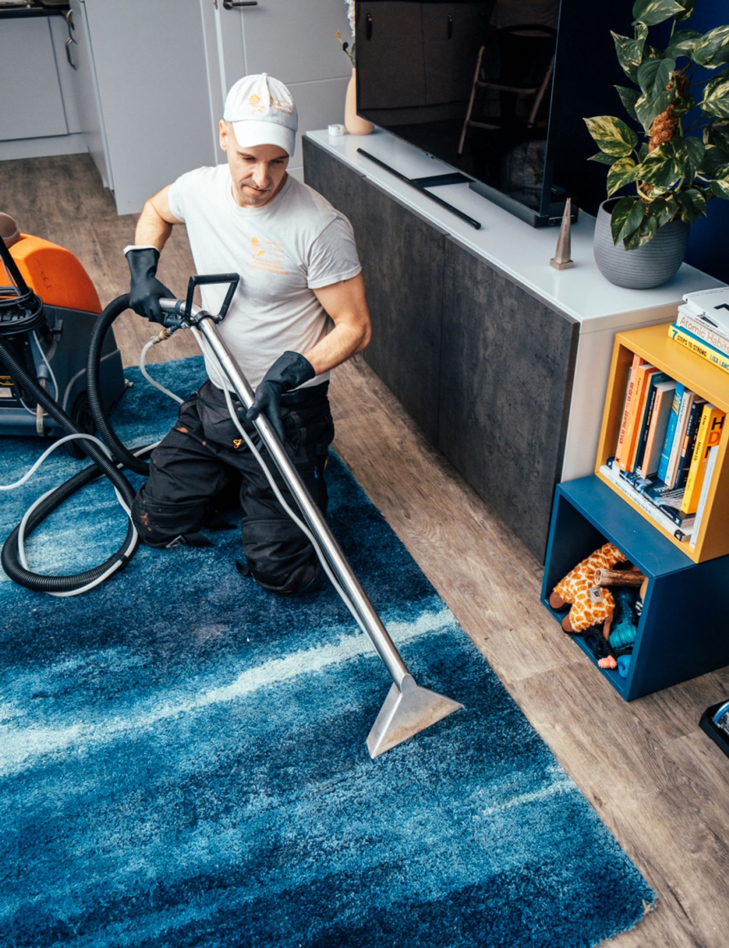 Eagle Family cleaner using a carpet extractor on a blue rug in a living room
