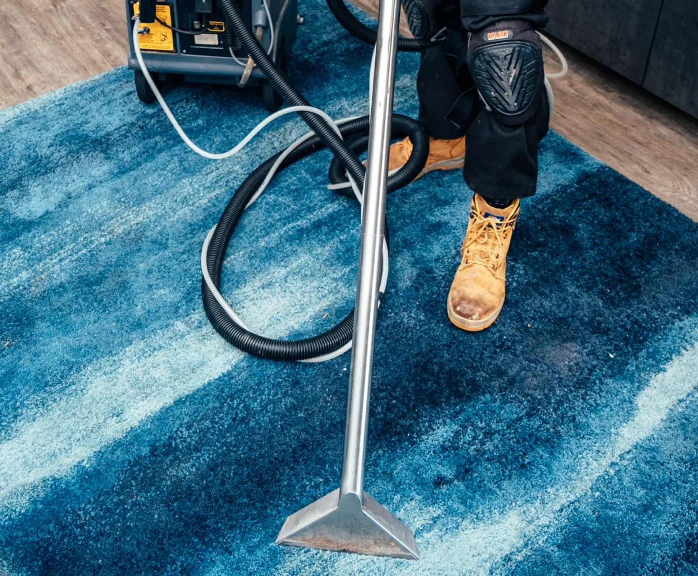 Cleaner deep-cleaning a blue carpet with an extraction machine