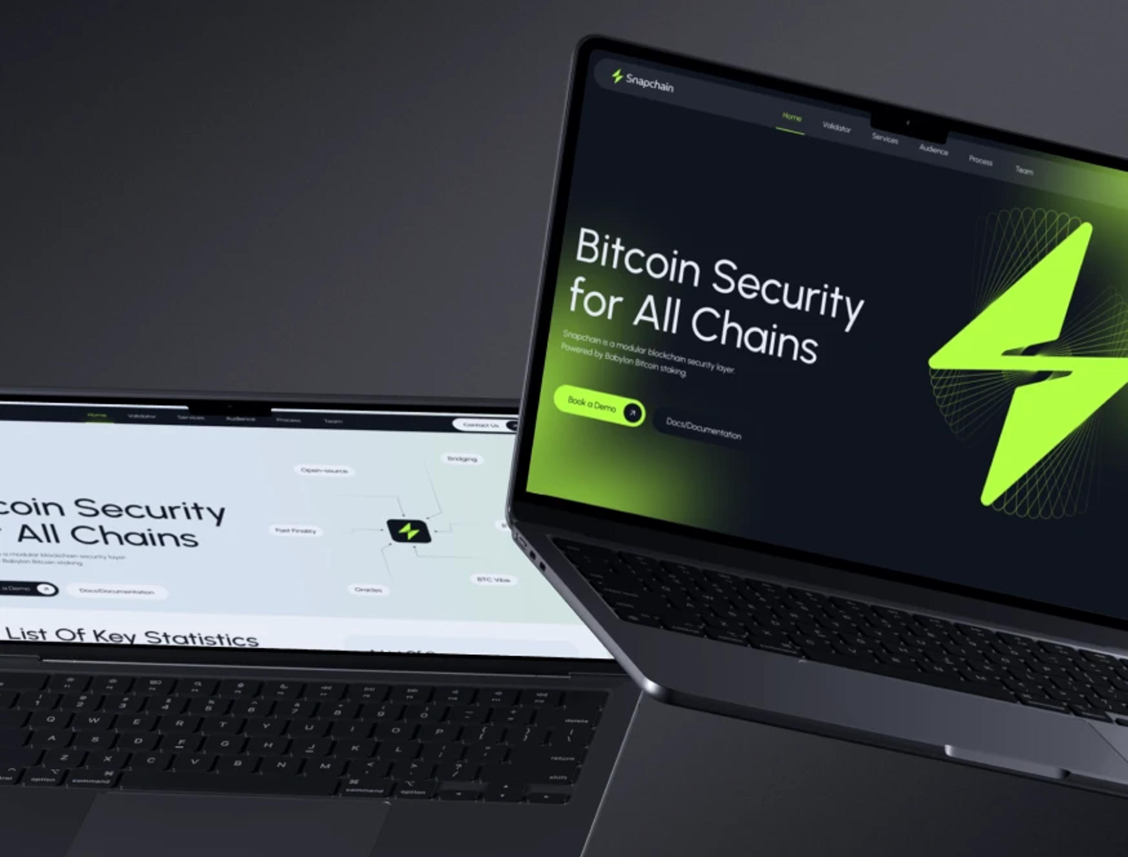 Snapchain website on laptops: 'Bitcoin Security for All Chains' hero with neon lightning bolt
