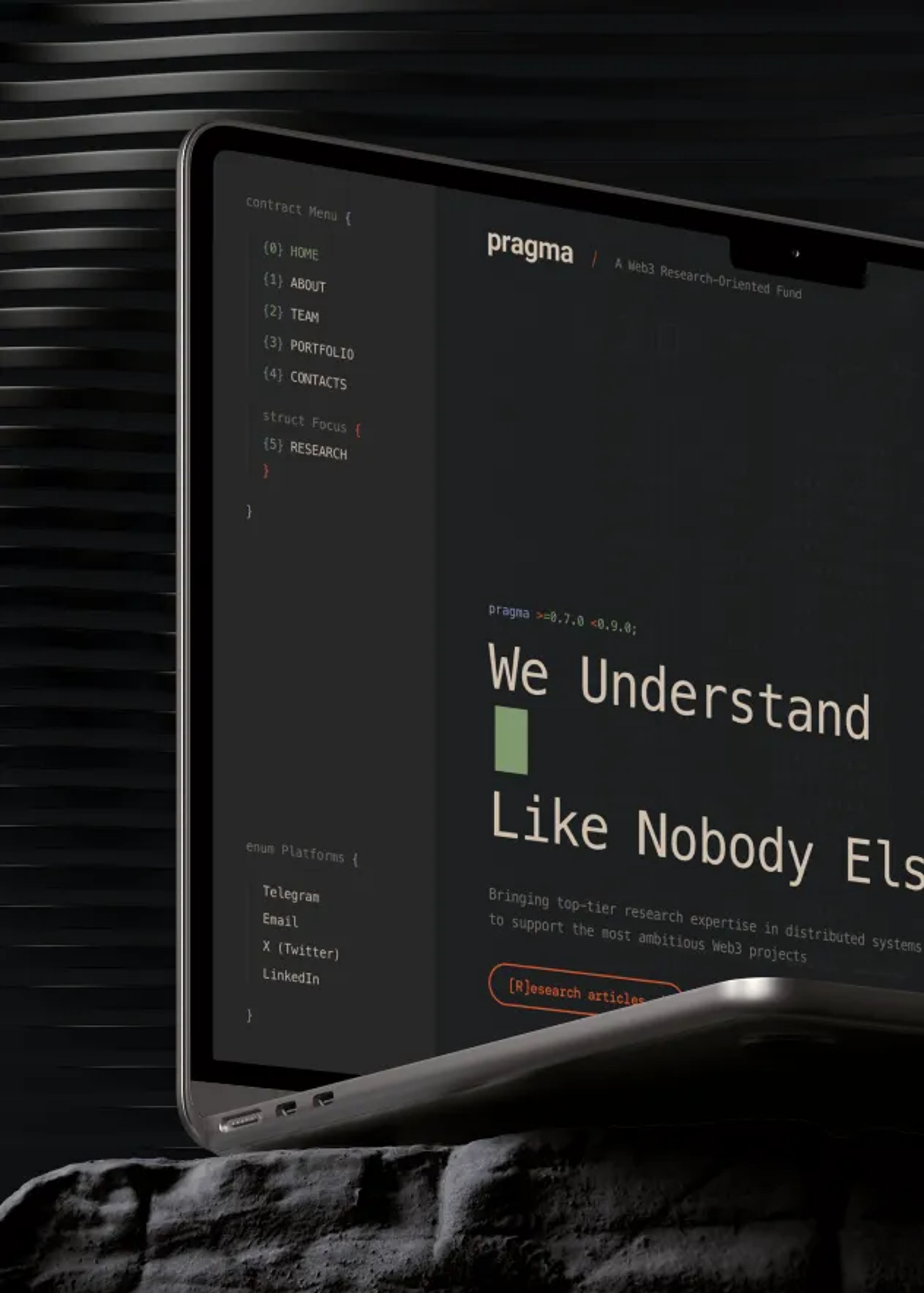 Dark-themed laptop screen displaying Pragma's Web3 research platform.