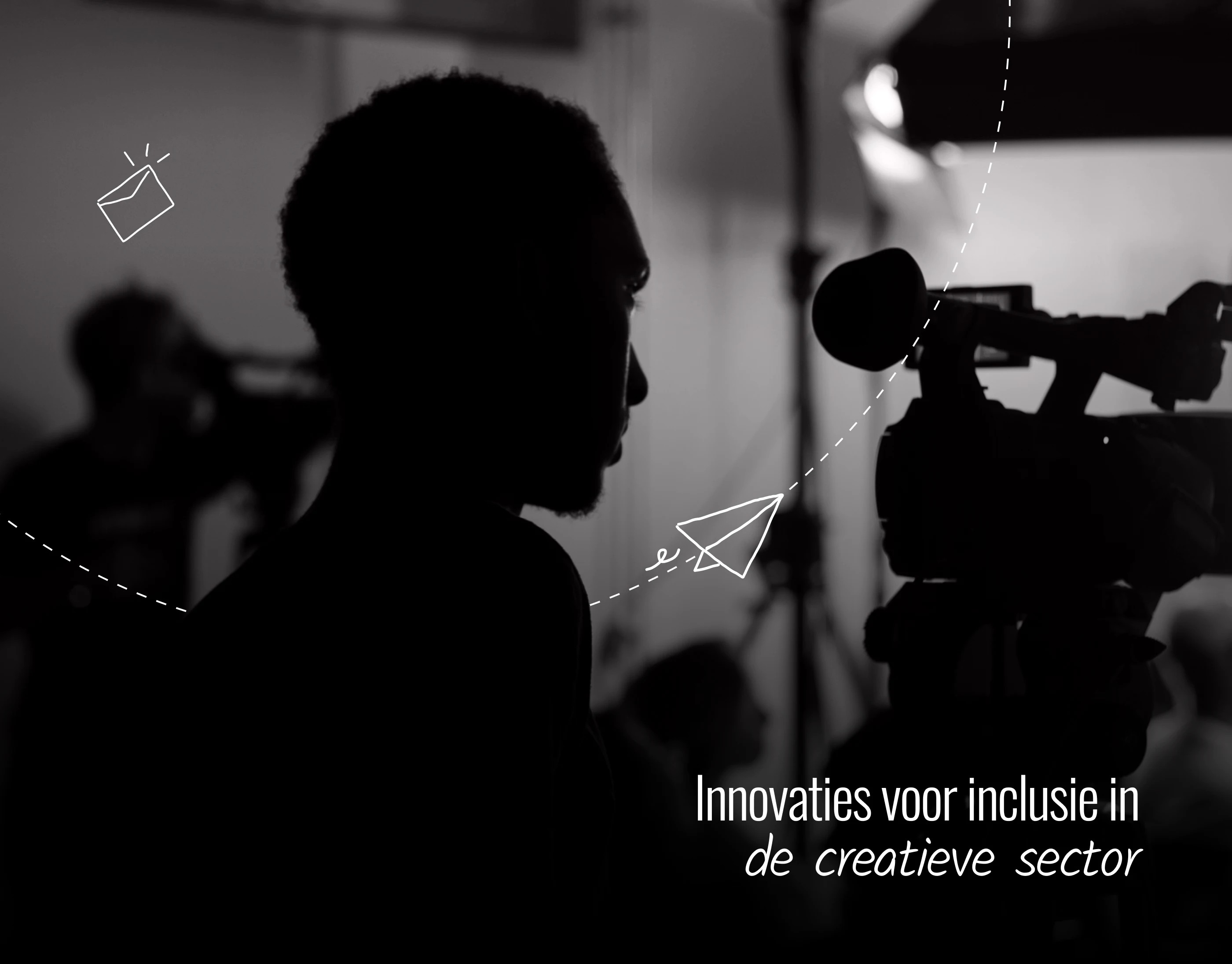 Wedowe hero: silhouetted camera operator on a film set with the line 'Innovaties voor inclusie in de creatieve sector'
