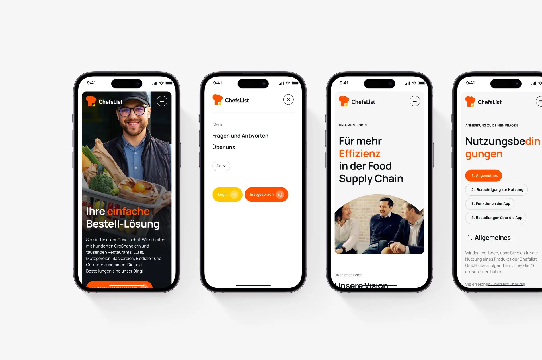 ChefsList mobile website screens: hero, menu, about page and terms of use