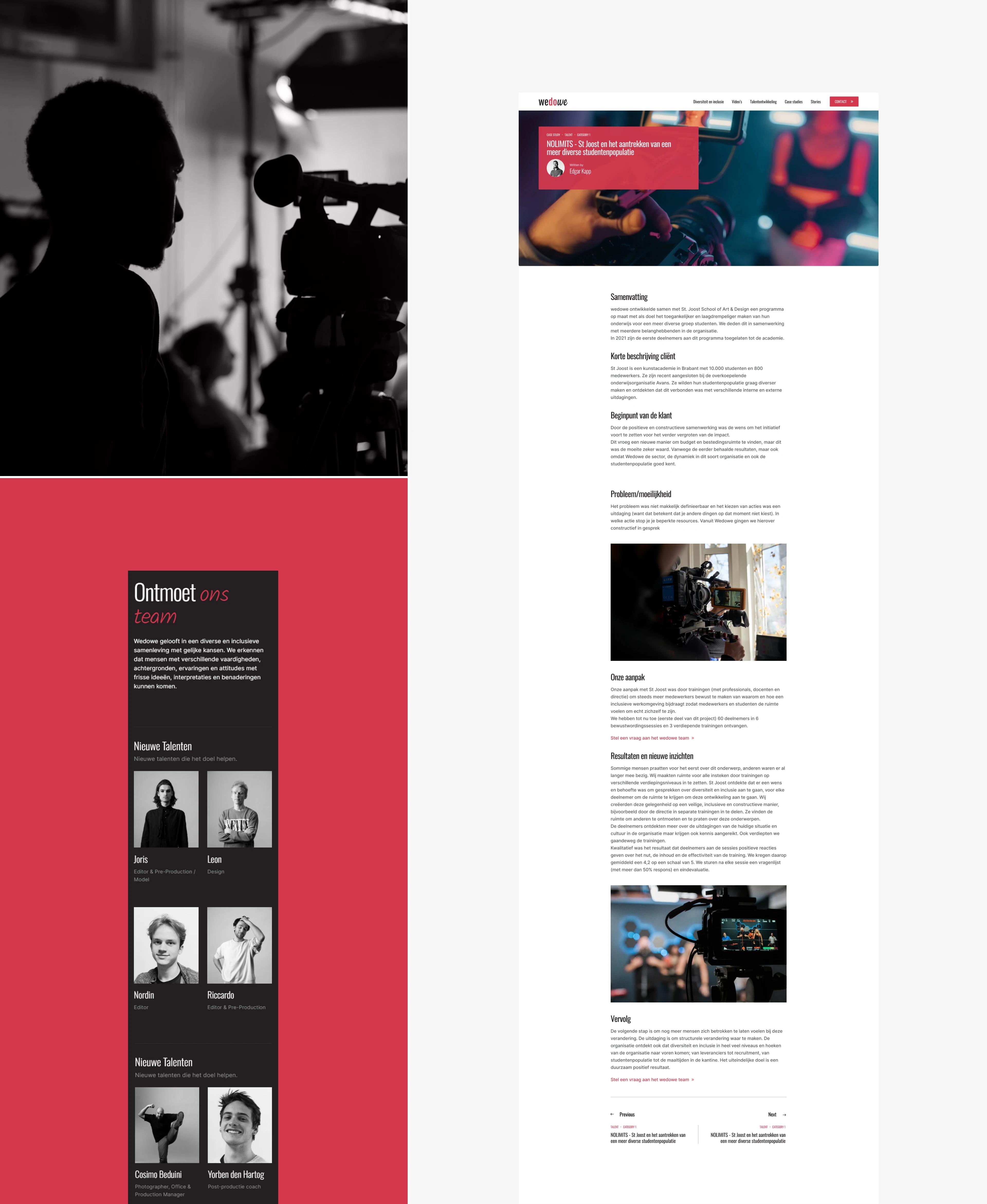 Wedowe NOLIMITS case study page and 'Ontmoet ons team' section with portraits of young talents