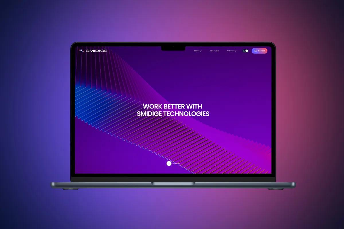 Smidige Technologies website on a laptop: 'Work better with Smidige Technologies' hero