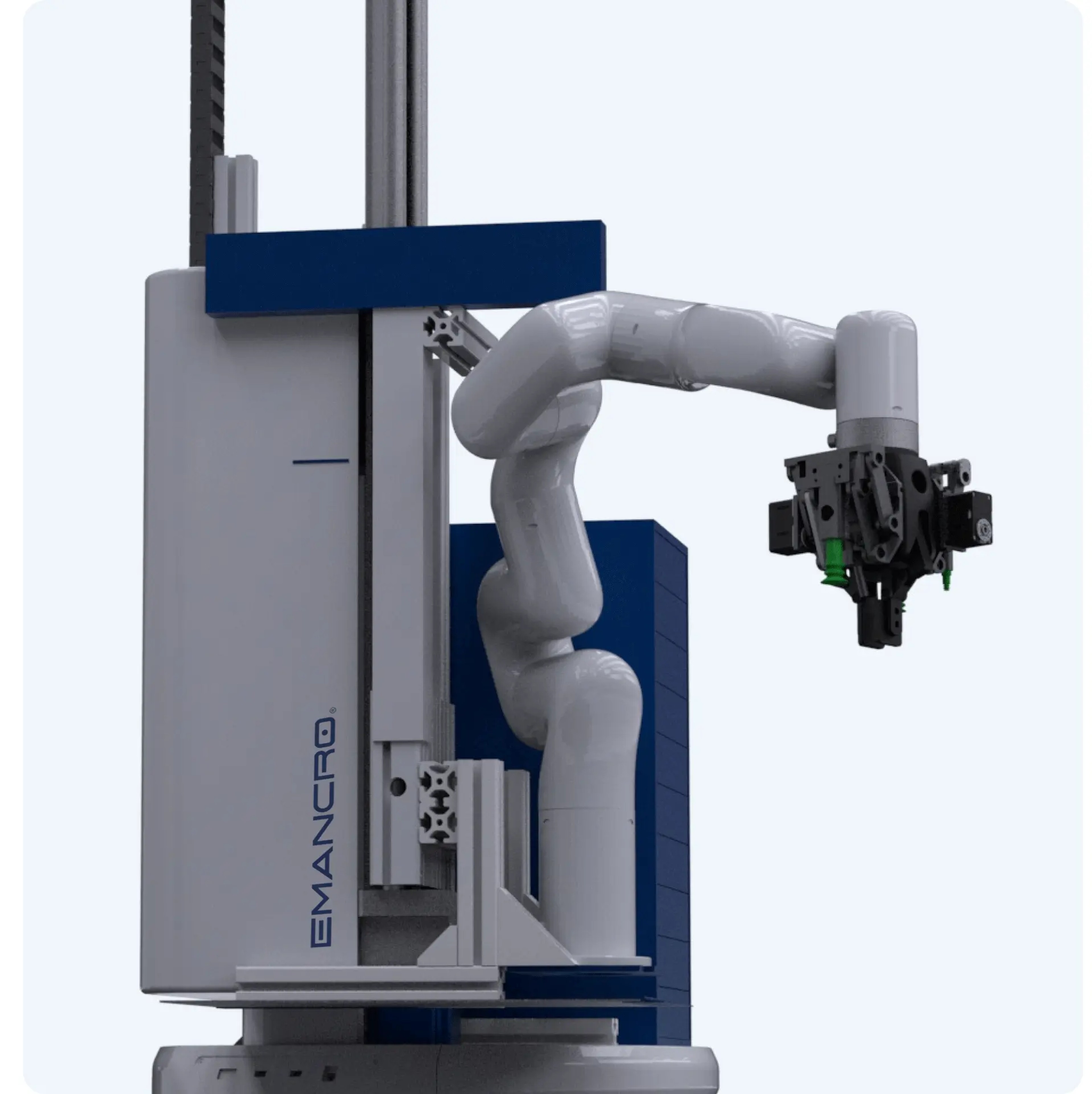 Emancro EASO hospital robot render: white robotic arm with gripper mounted on a navy-and-grey tower