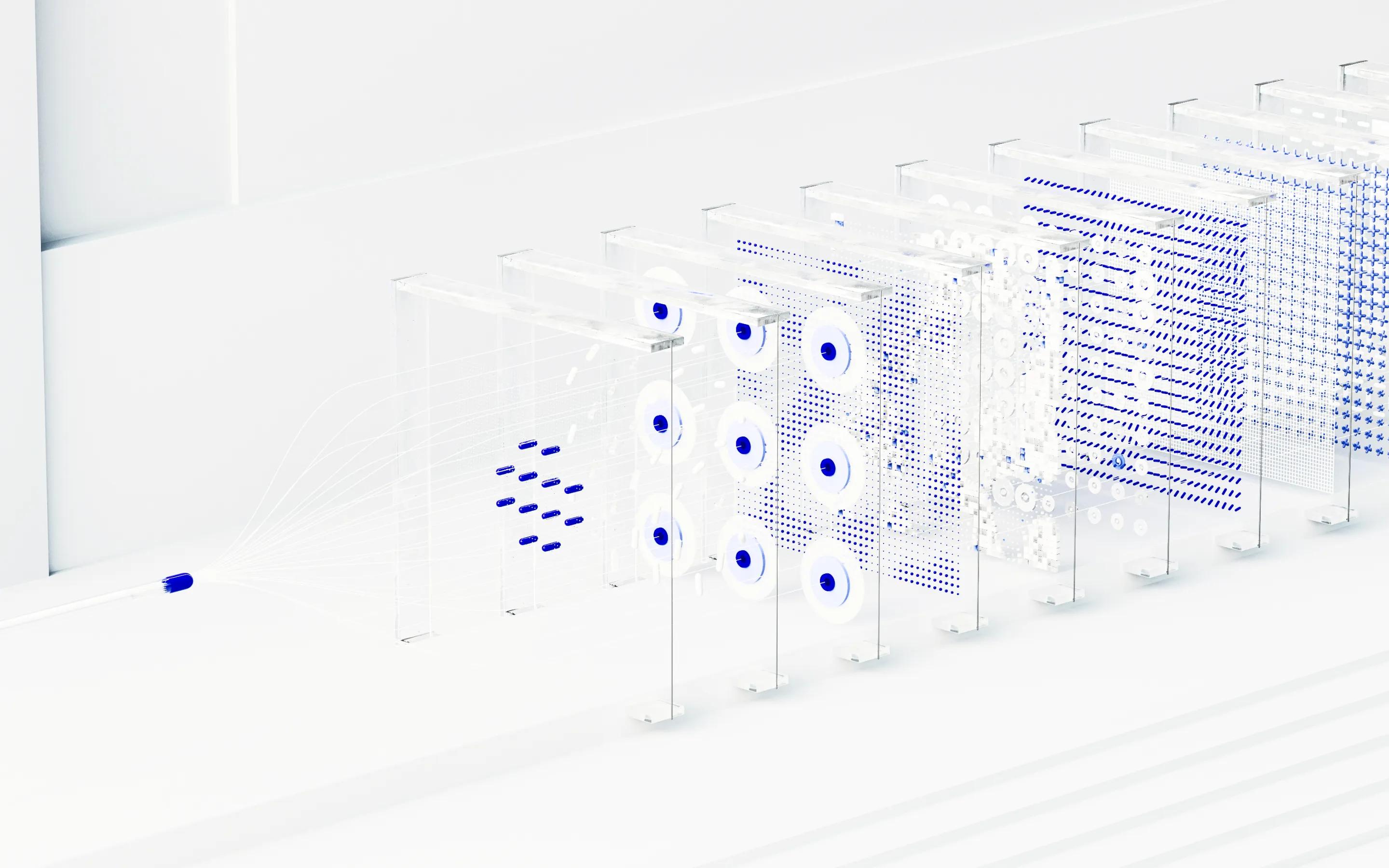Futuristic 3D concept showing data visualization layers in a digital pipeline