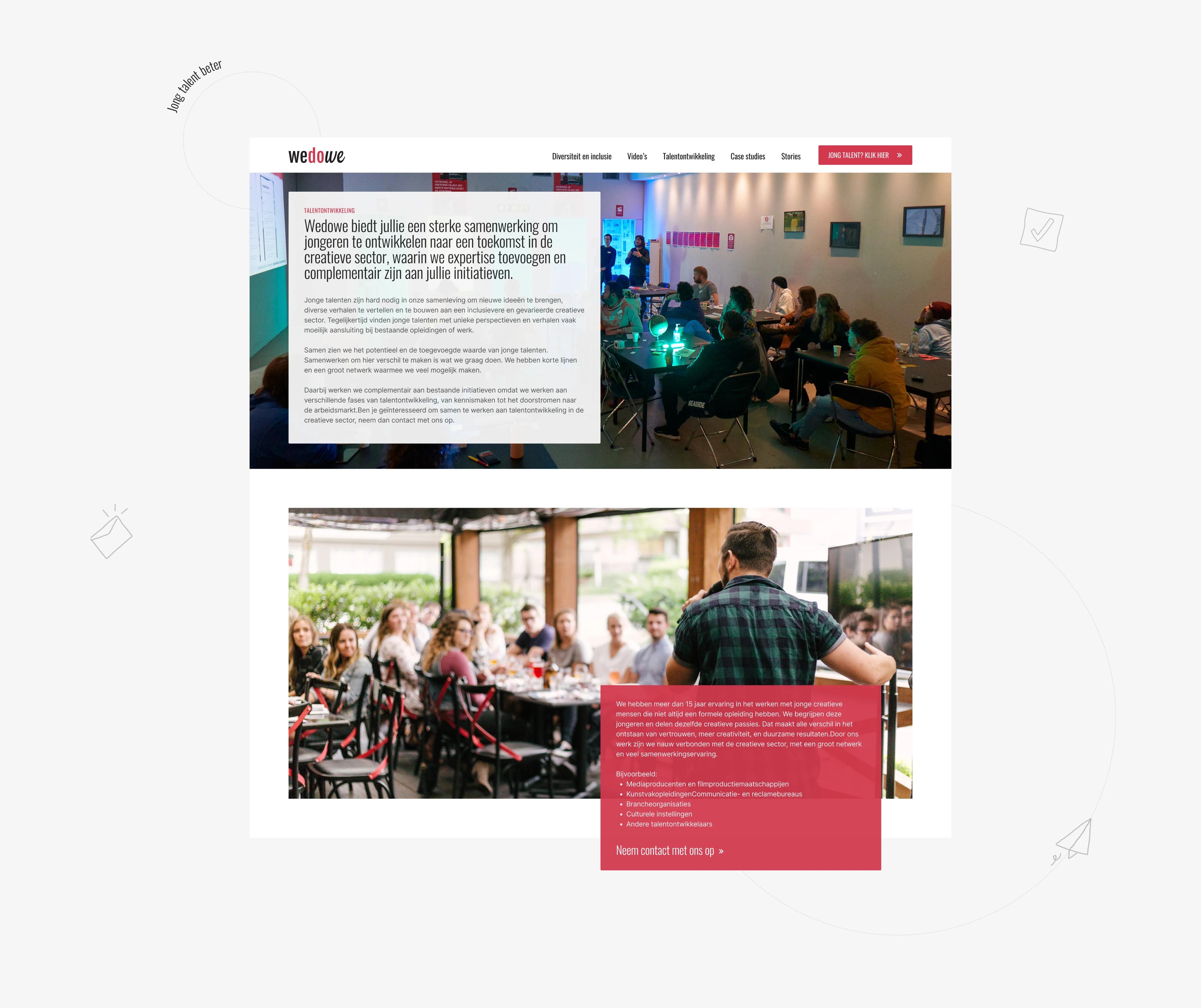 Wedowe talent development page with a workshop photo and a speaker addressing a group