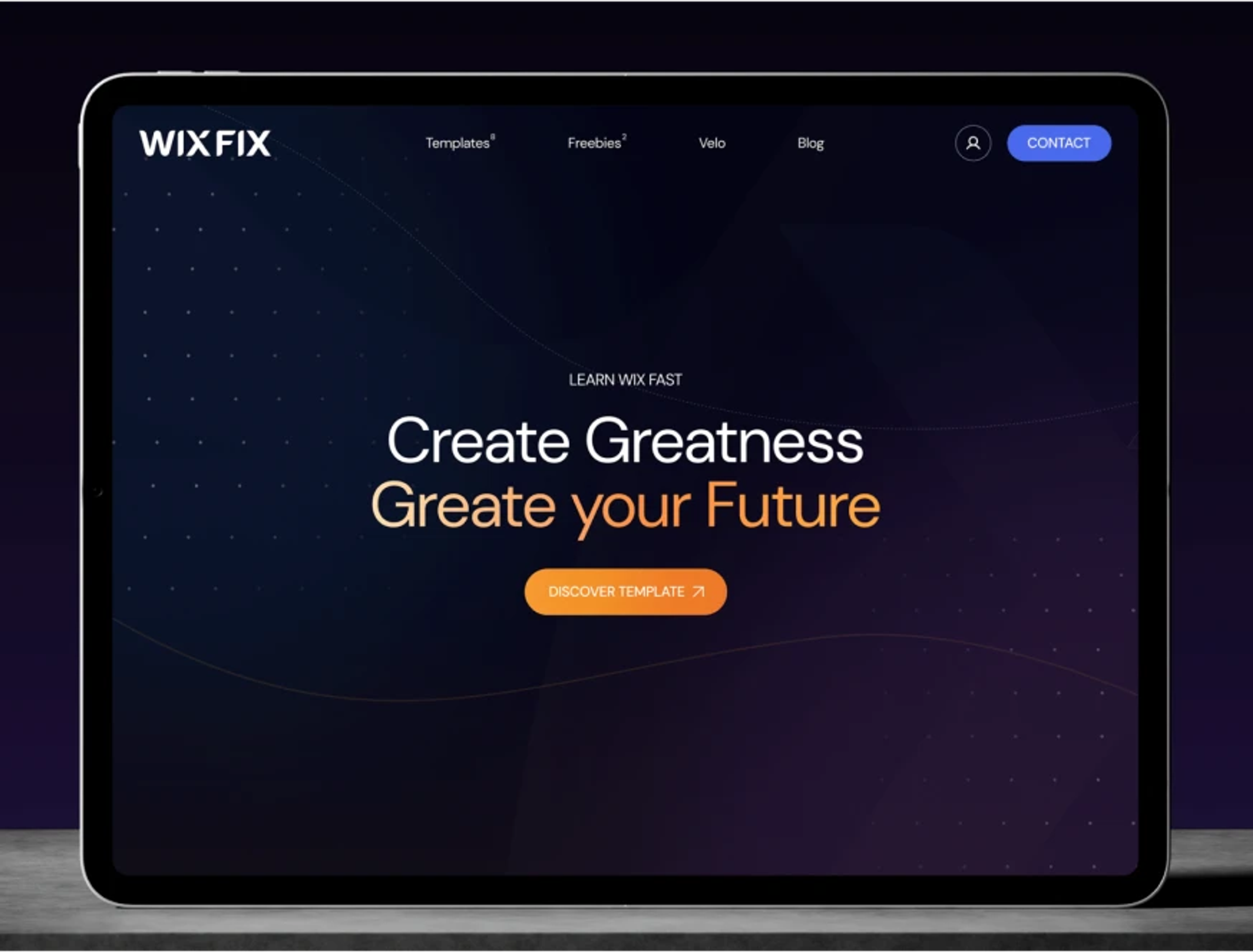 WixFix website hero on a tablet: 'Create Greatness, Greate your Future' Wix template landing page