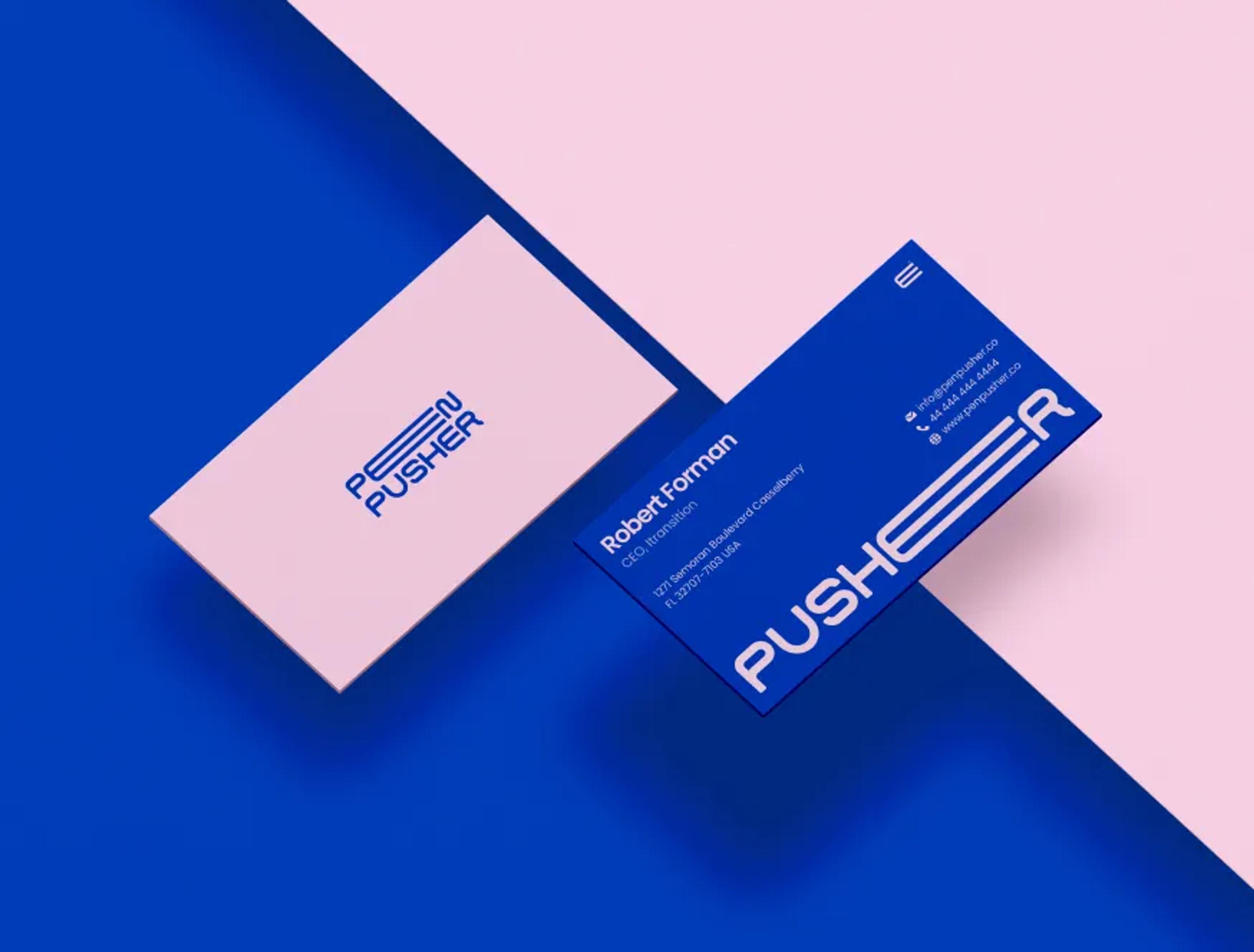 Pusher brand business cards for Robert Forman in pink and blue