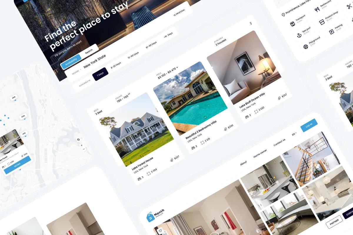 Month rental website screens with property listings, search filters and map view