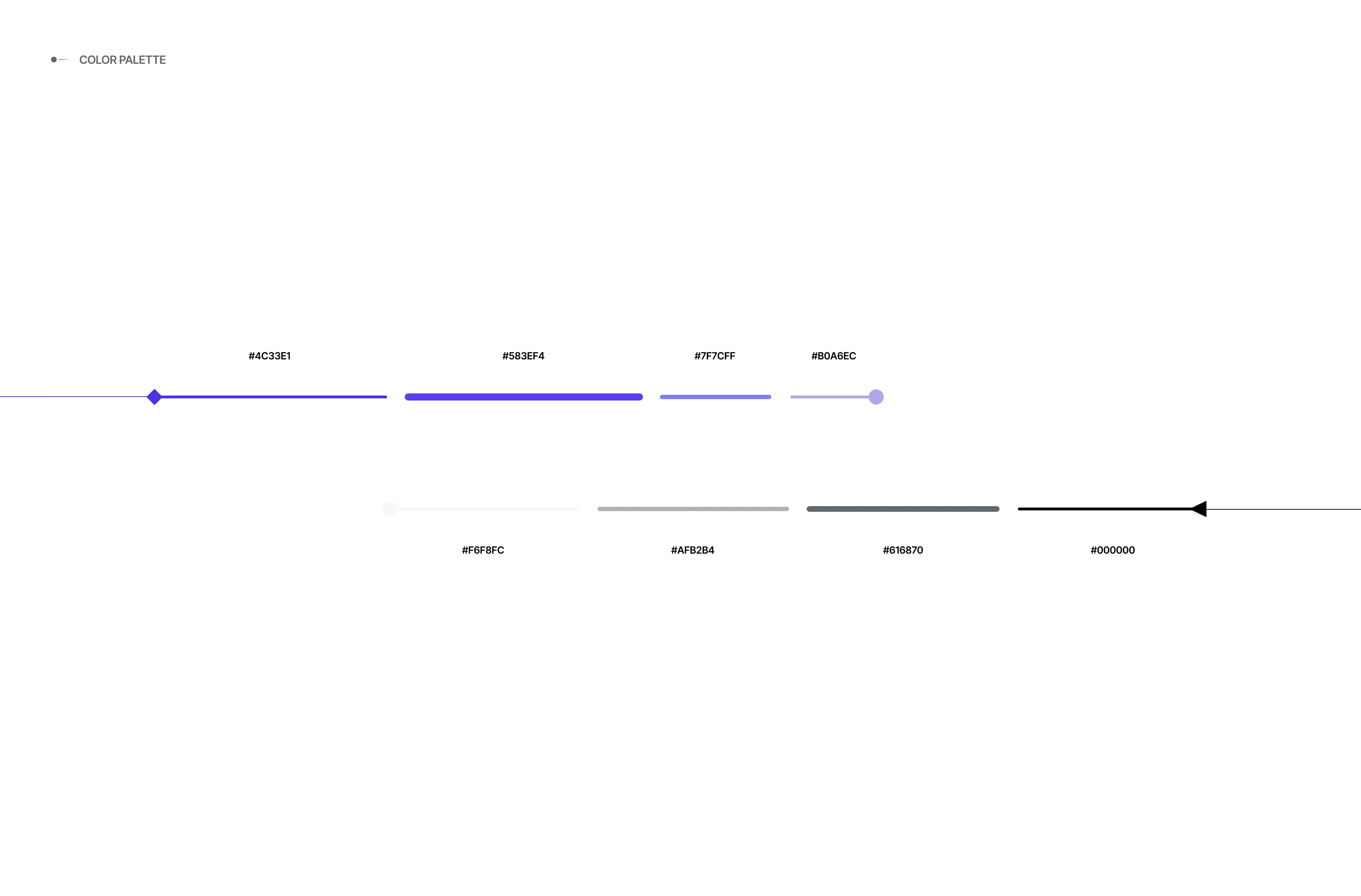 Basesite color palette: violet shades from #4C33E1 to #B0A6EC and neutrals from #F6F8FC to black