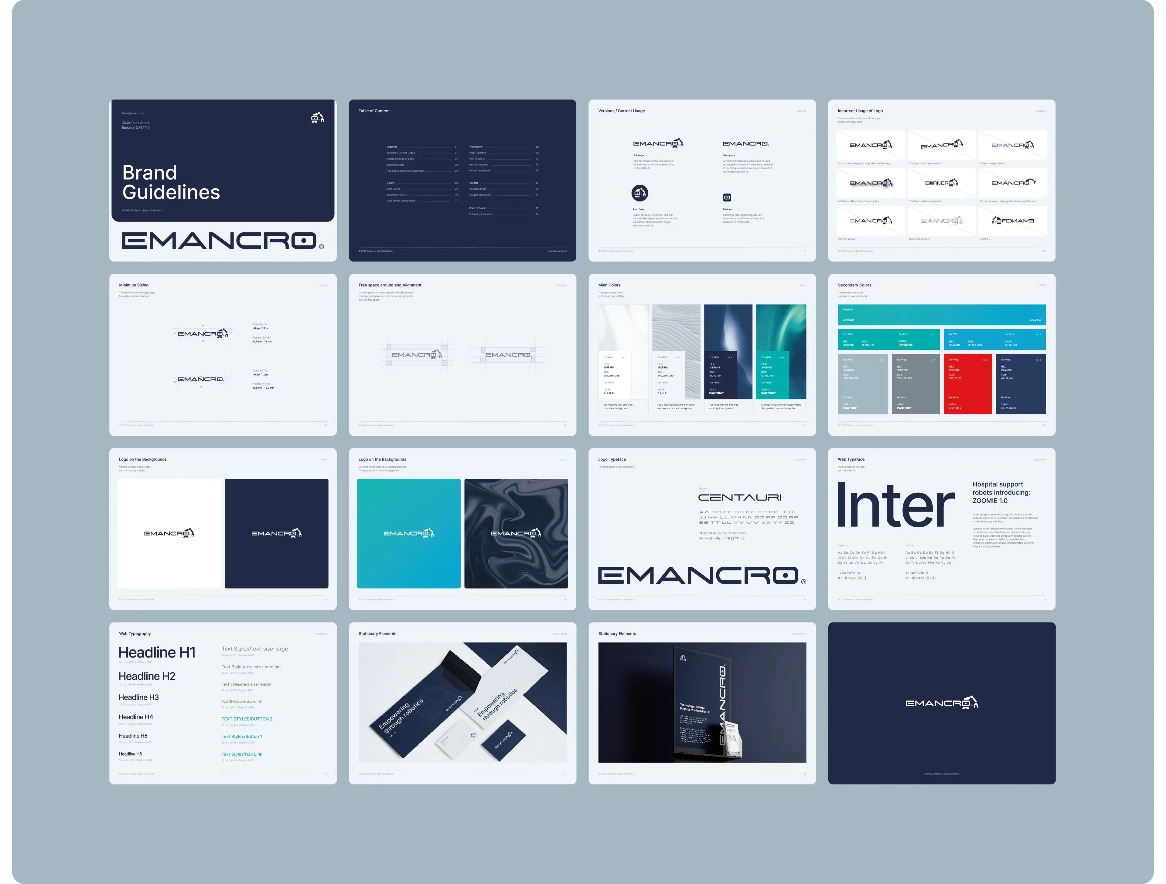 Emancro brand guidelines spreads: logo usage, colors, Centauri and Inter typography, stationery