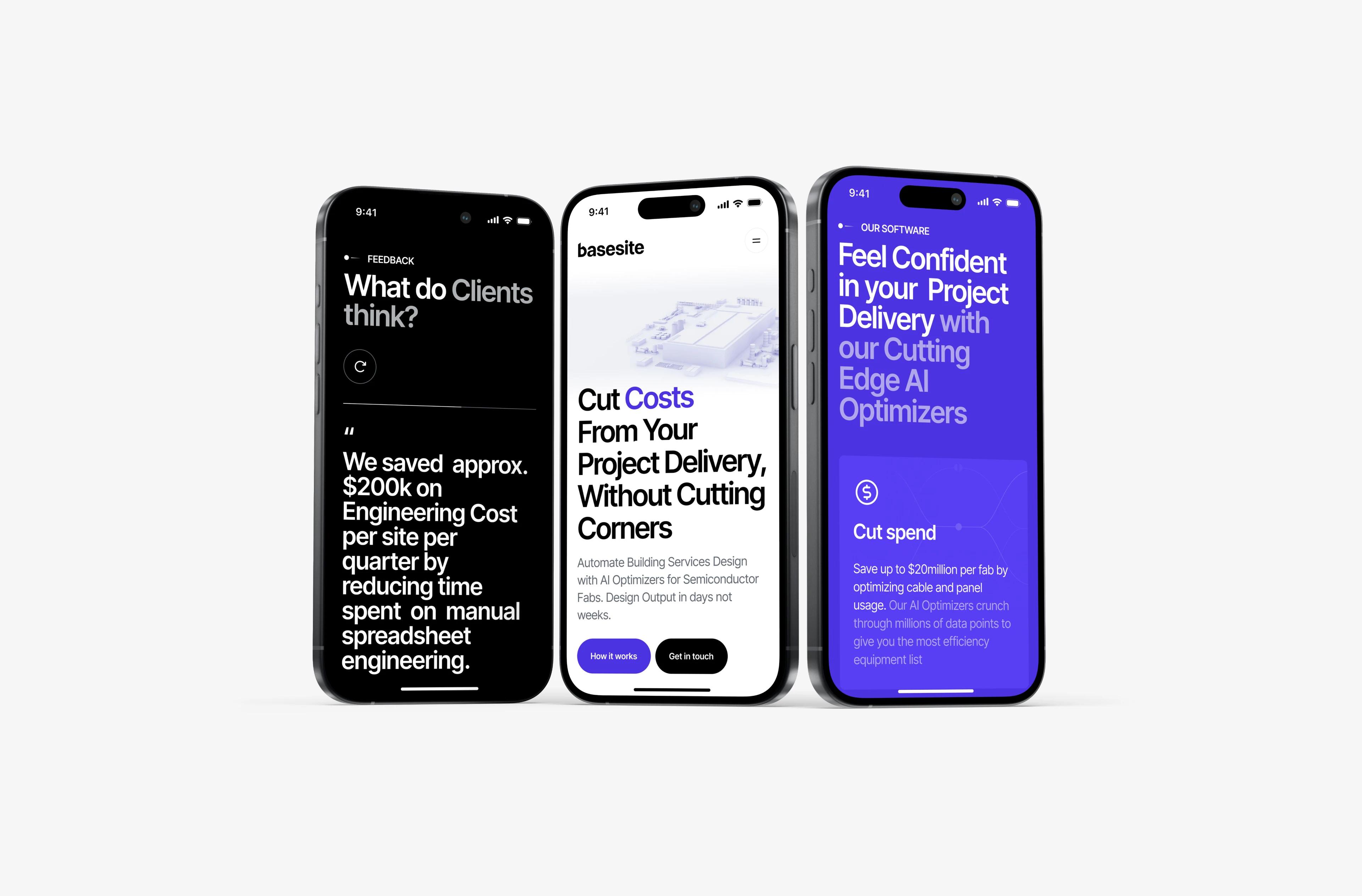 Basesite mobile site on three phones: client testimonial, "Cut Costs" hero and AI optimizer features