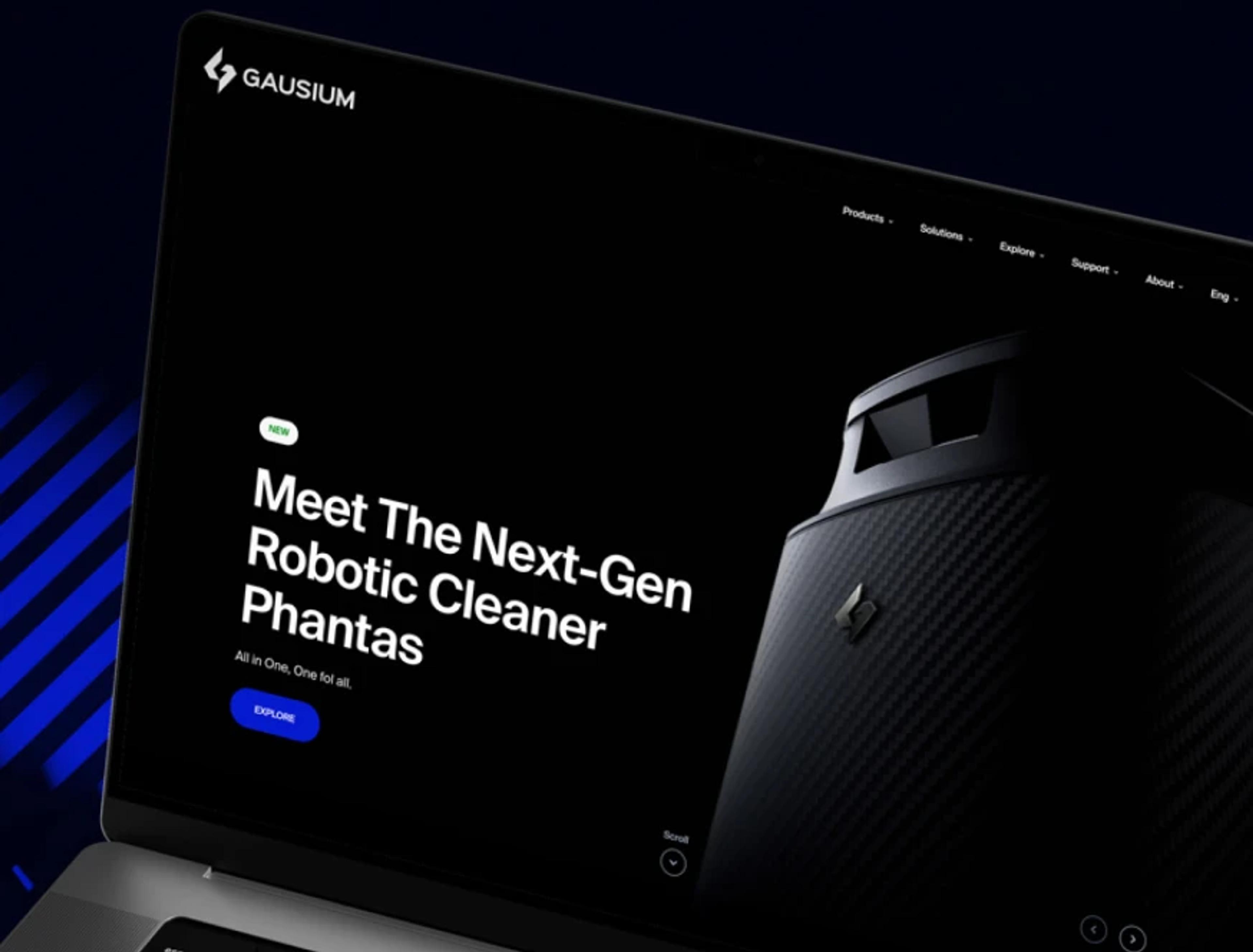 Gausium website on a laptop: 'Meet the Next-Gen Robotic Cleaner Phantas' product hero