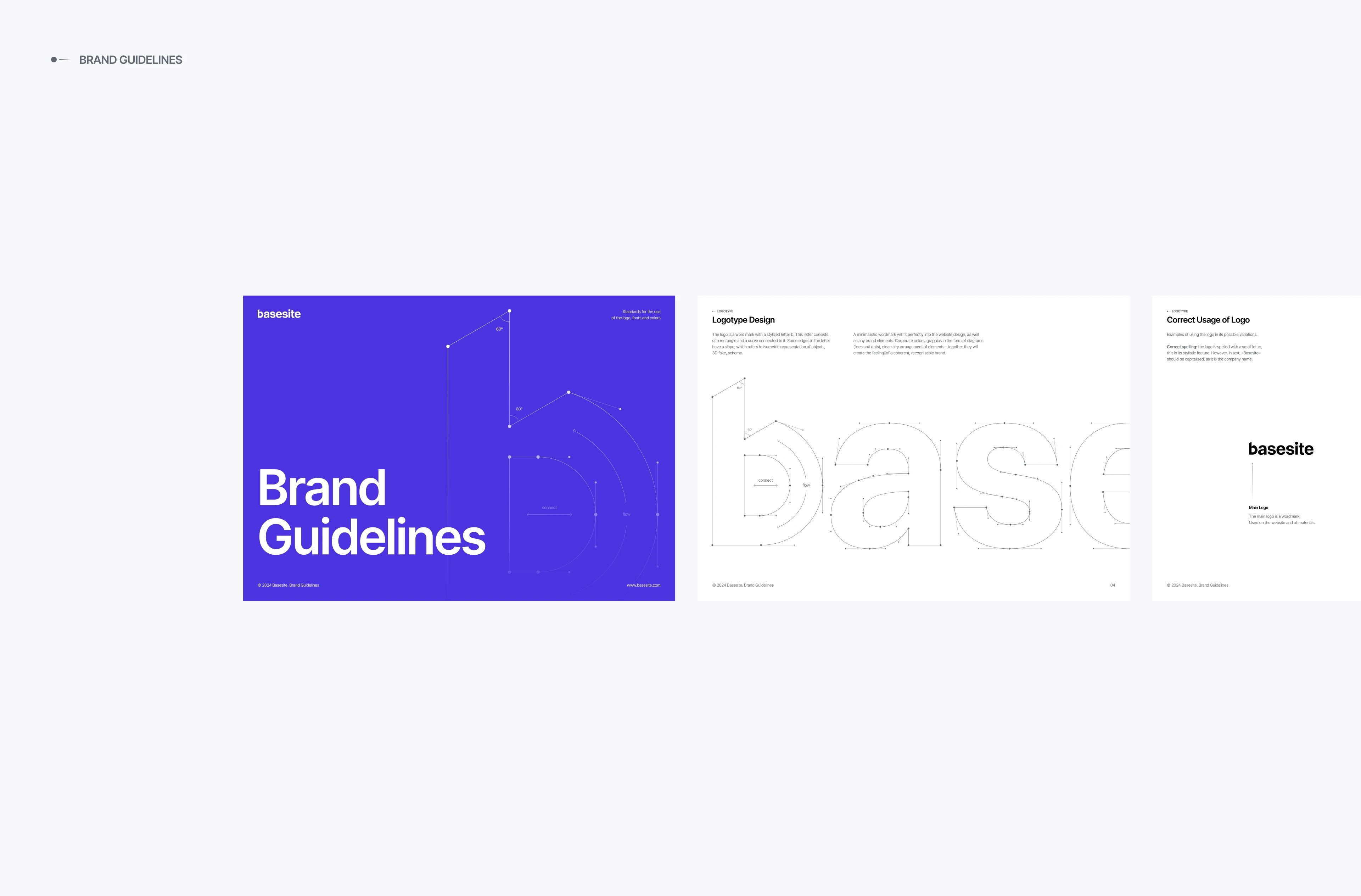 Basesite brand guidelines pages: violet cover, logotype design and correct logo usage spreads