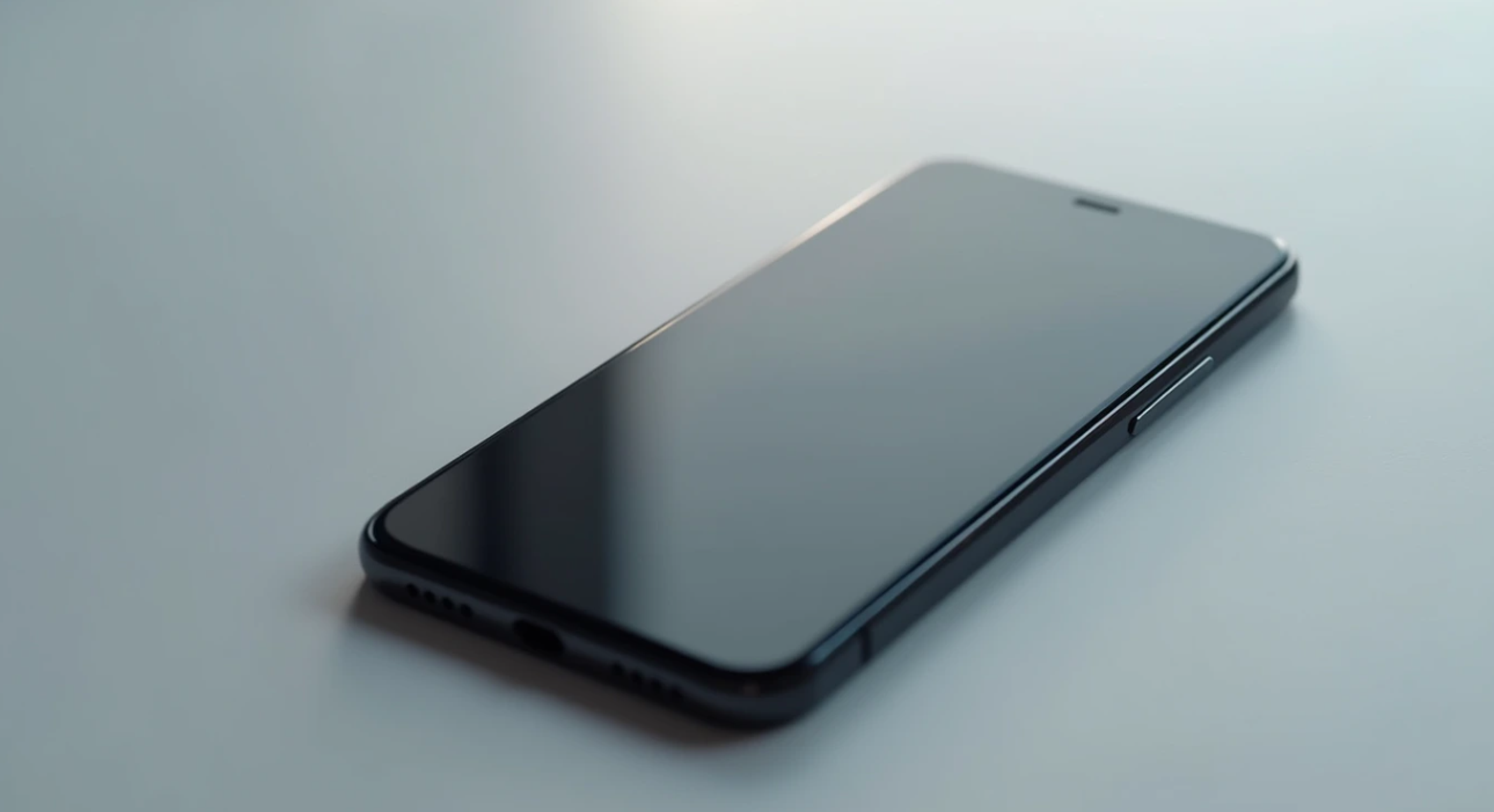 Black smartphone lying face up on a light grey surface