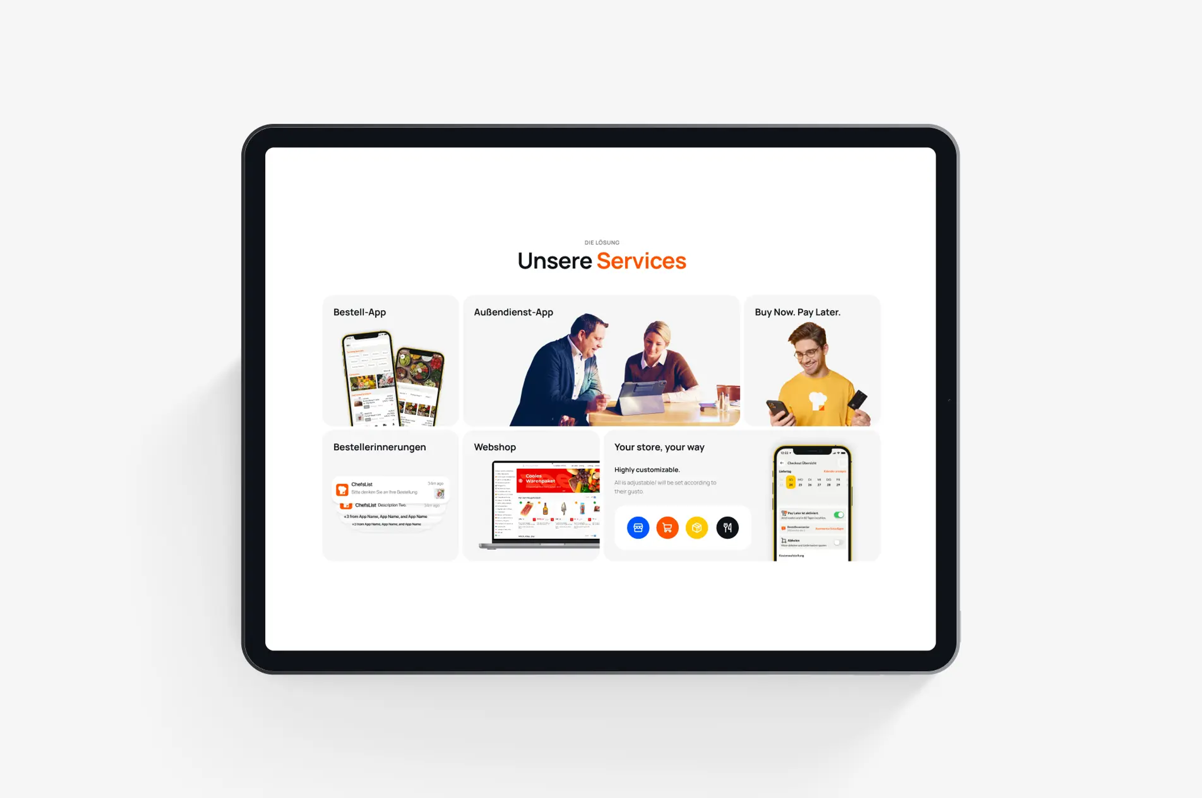 ChefsList website Unsere Services bento grid on an iPad