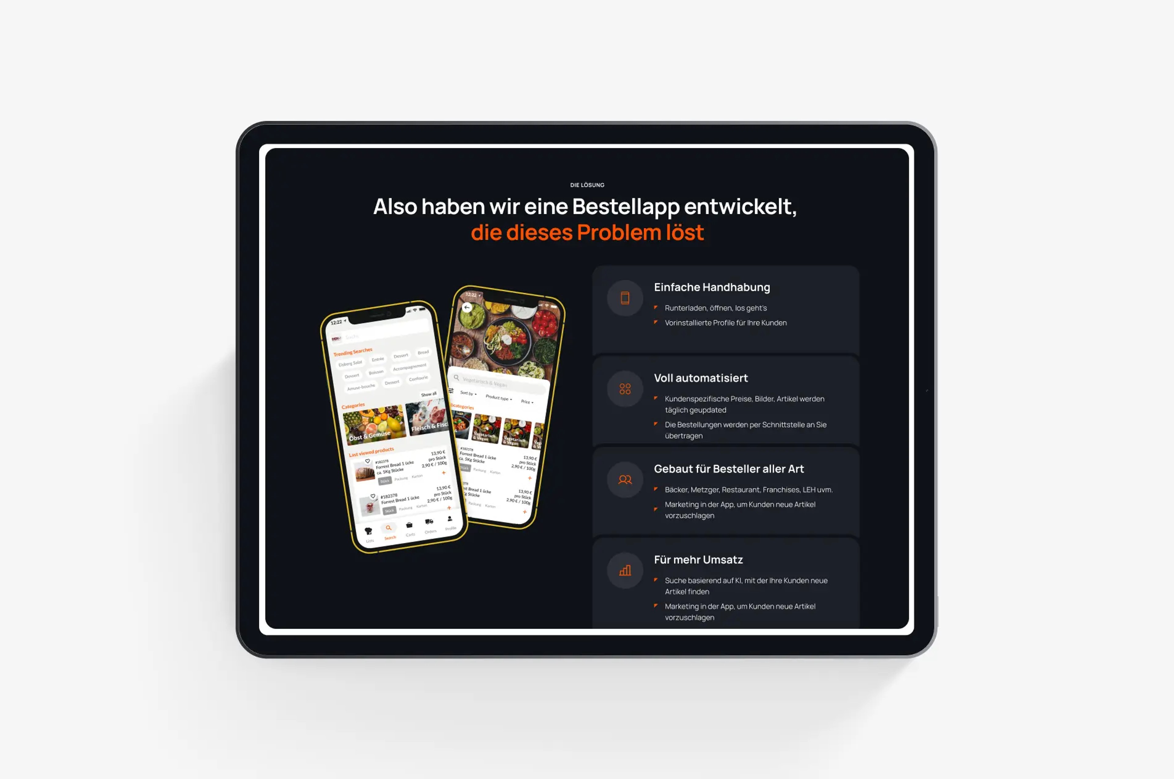 ChefsList website dark section on an iPad presenting the ordering app and its benefits
