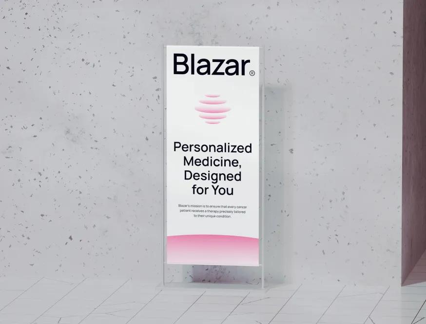Blazar roll-up banner: “Personalized Medicine, Designed for You” with pink logo mark