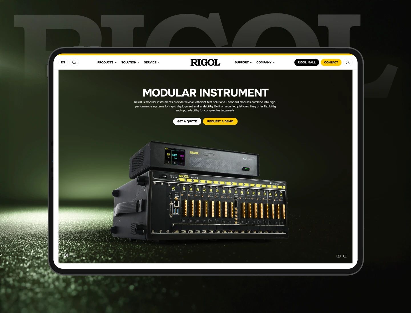 Website interface showcasing Rigol's modular instrument system, featuring high-performance testing hardware with yellow-black branding, displayed on a tablet with a dark green gradient background.