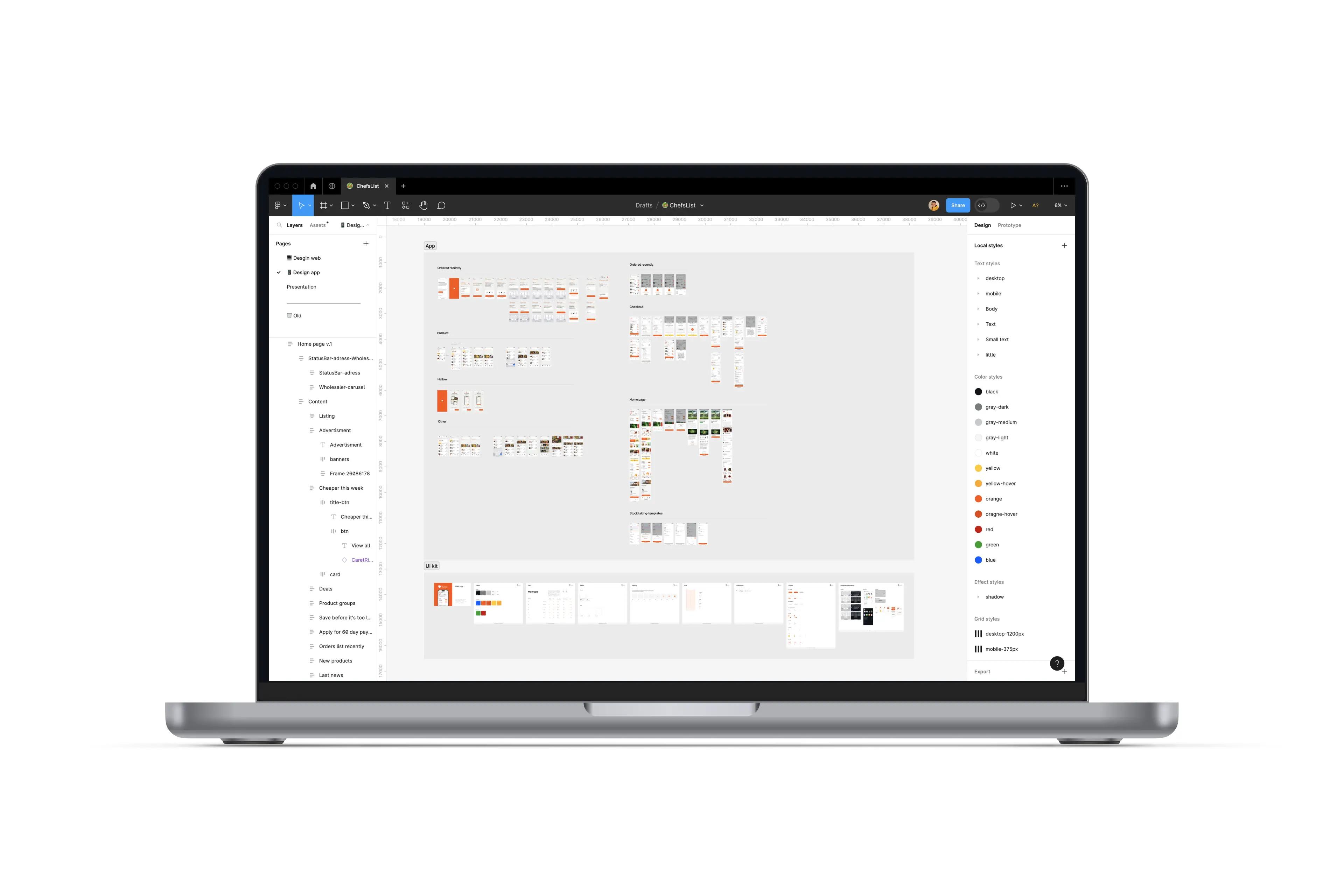 ChefsList Figma file with app screens and color styles on a MacBook