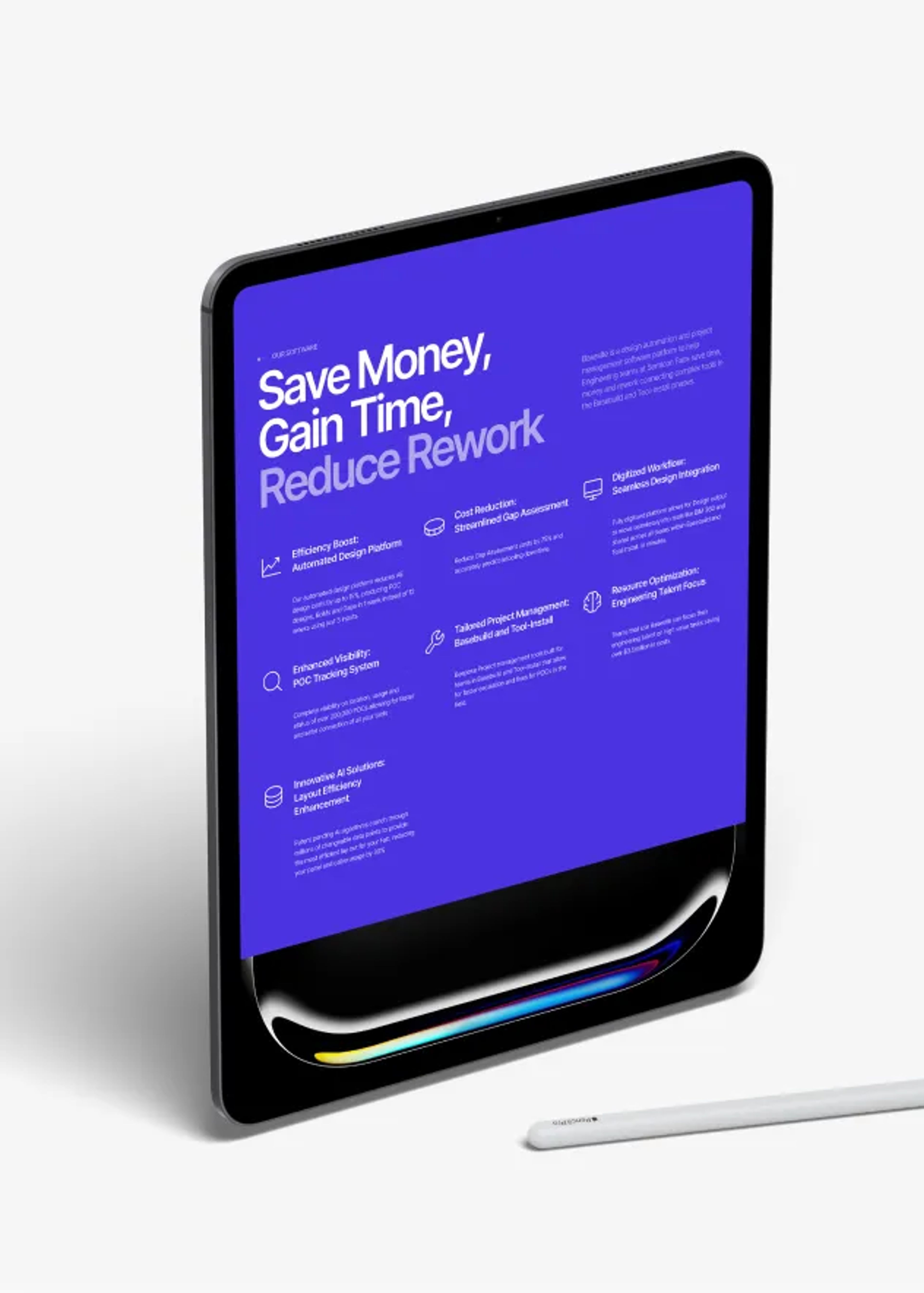 Modern tablet displaying a bold blue UI for Basesite.