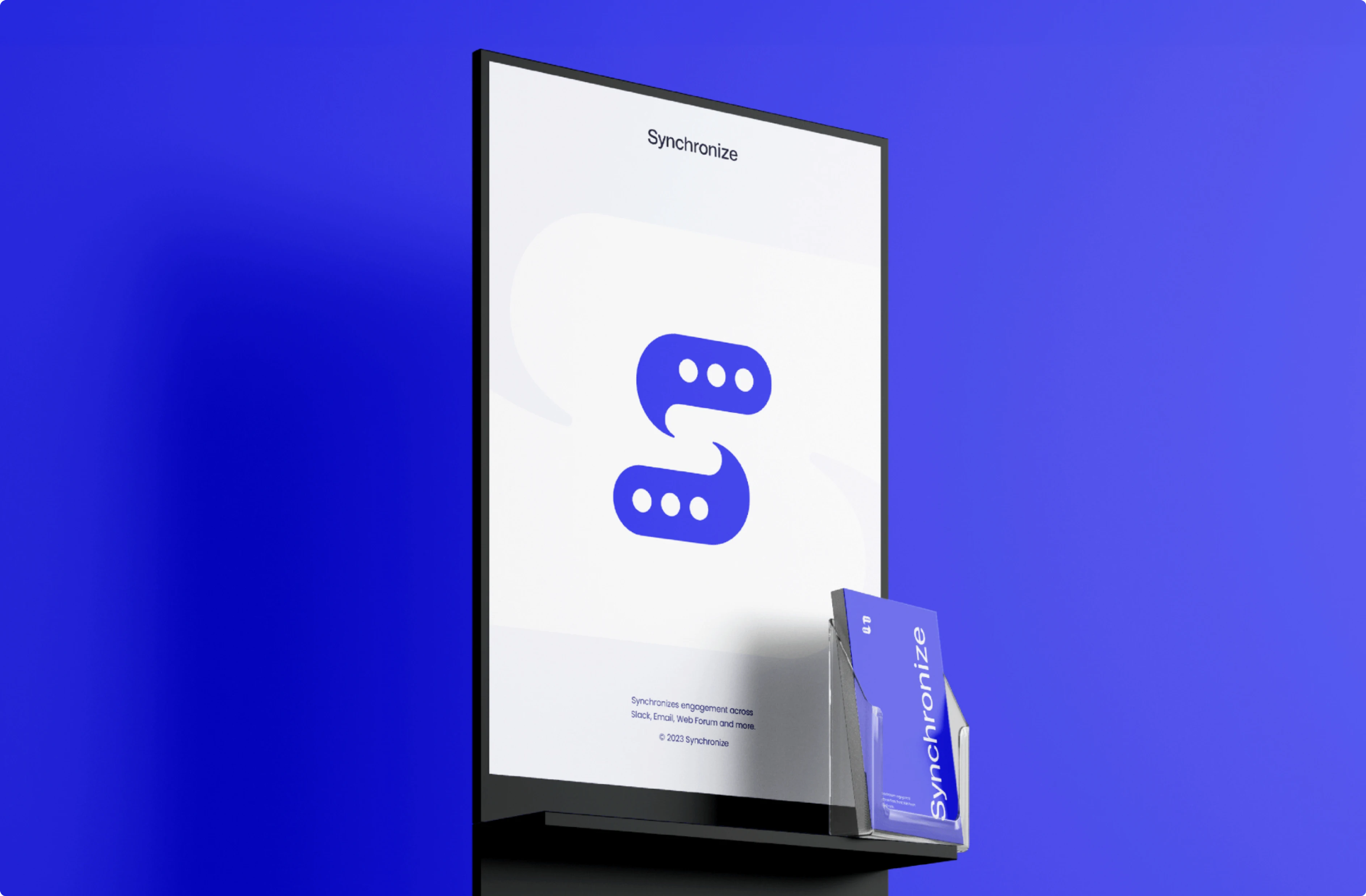 Synchronize poster with the speech-bubble S logo and a branded brochure on a blue background