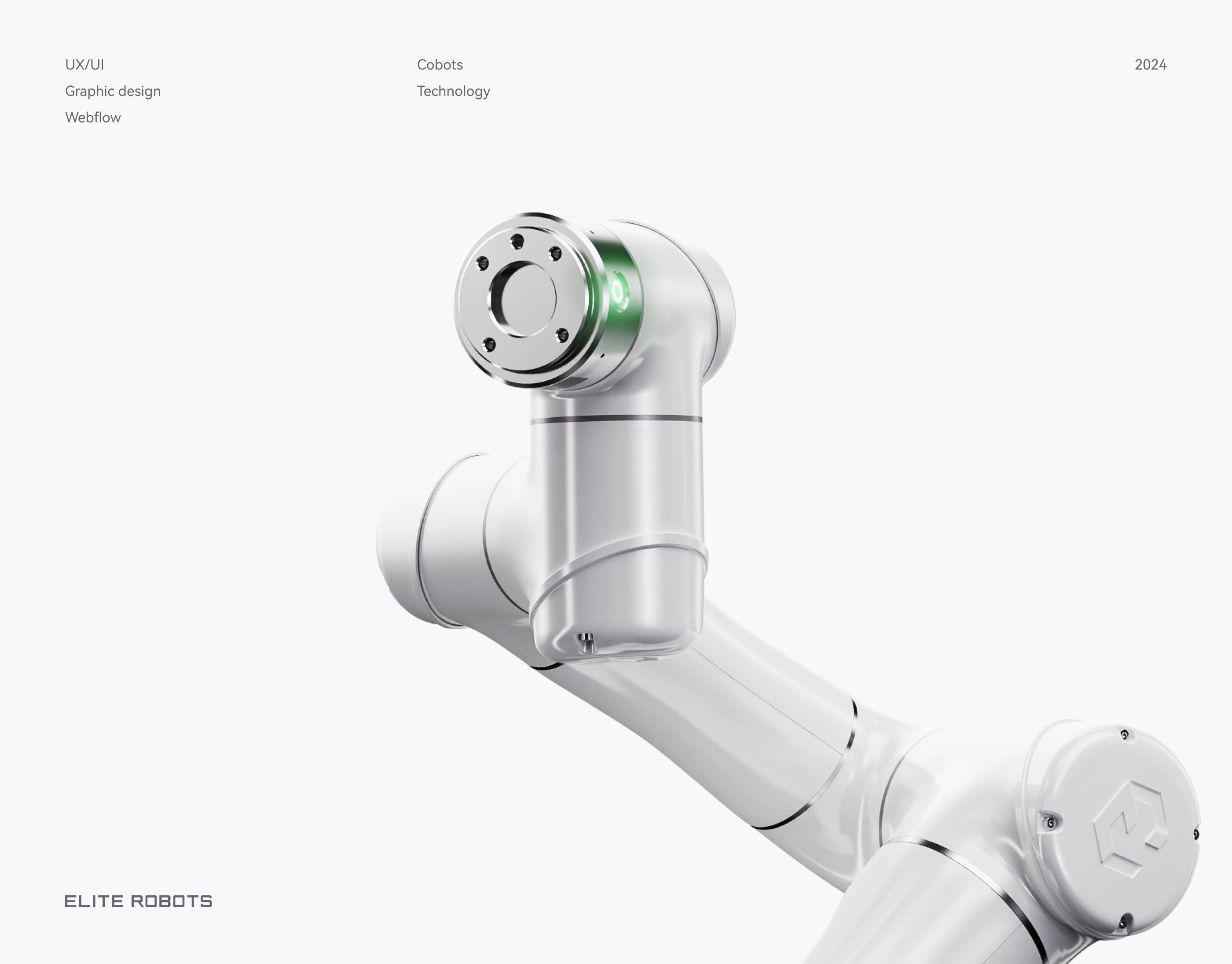 Close-up of a sleek white cobot arm with metallic joints and a green indicator light, set against a minimalist light gray background. Text highlights 'UX/UI, Graphic Design, Webflow' and 'Elite Robots' branding.