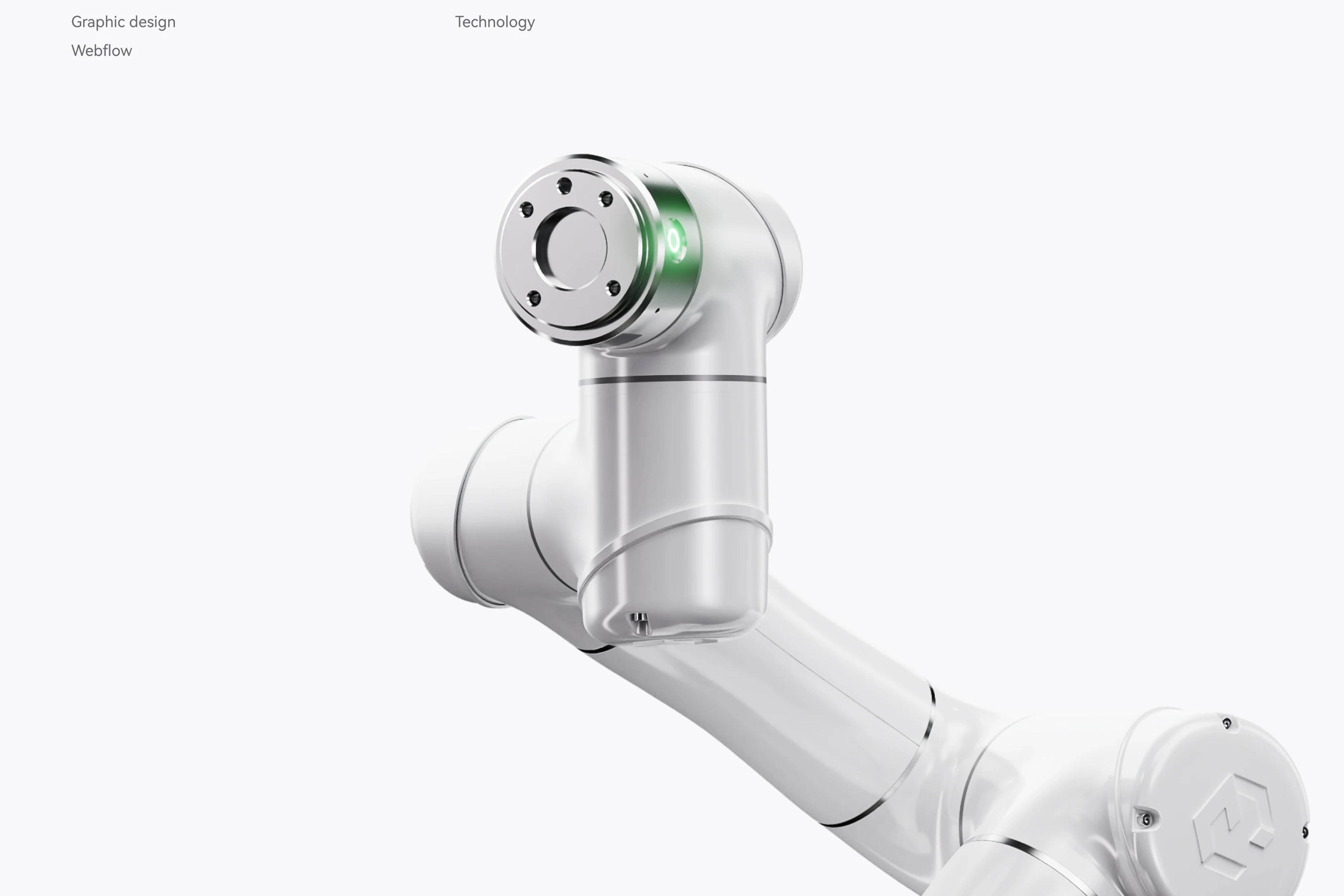 Close-up of a sleek white cobot arm with metallic joints and a green indicator light, set against a minimalist light gray background. Text highlights 'UX/UI, Graphic Design, Webflow' and 'Elite Robots' branding.