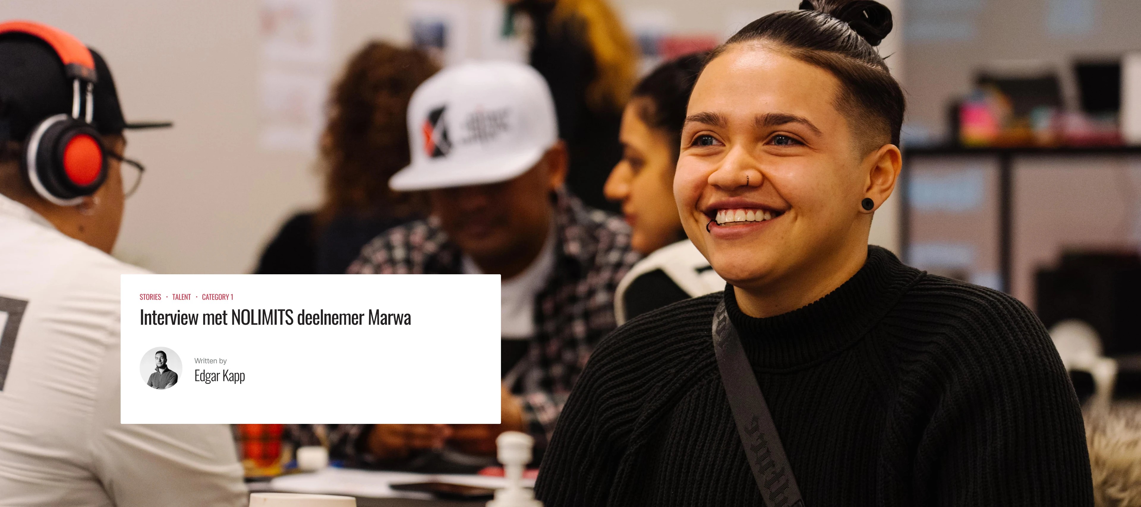 Wedowe story header 'Interview met NOLIMITS deelnemer Marwa' over a photo of a smiling participant