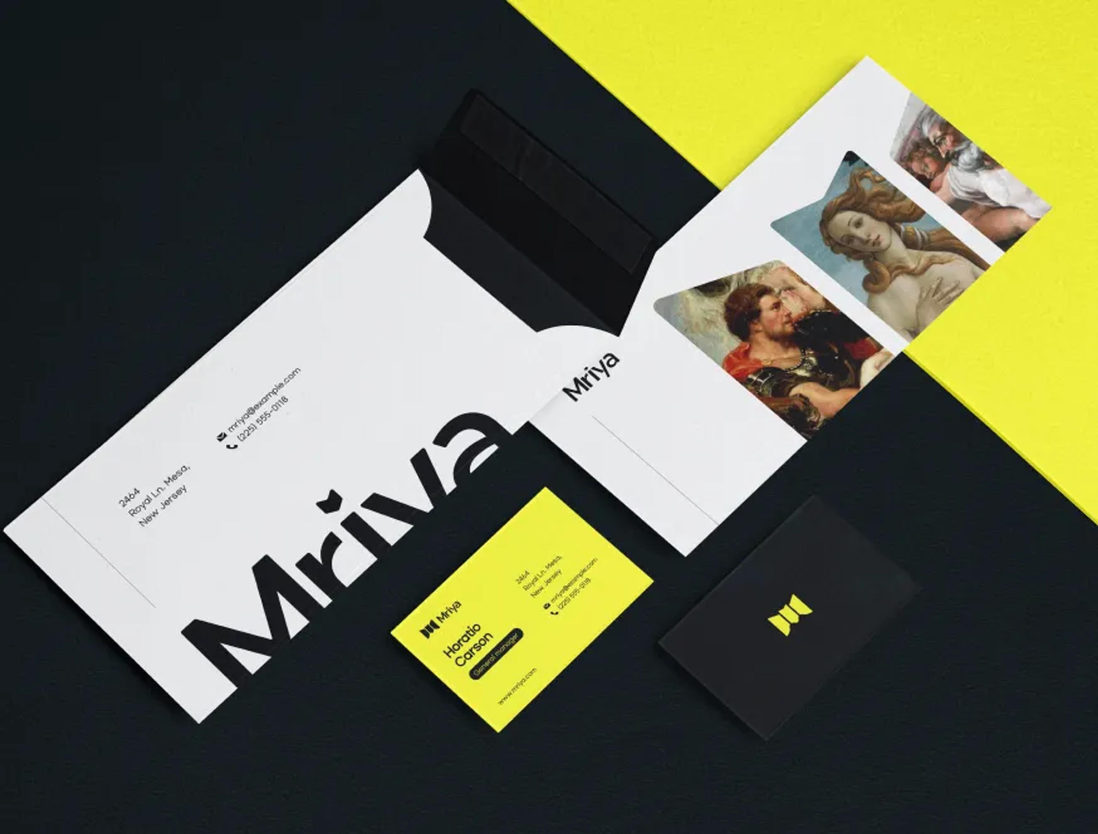 Mriya brand stationery: envelope, letterhead with classical paintings and yellow business card
